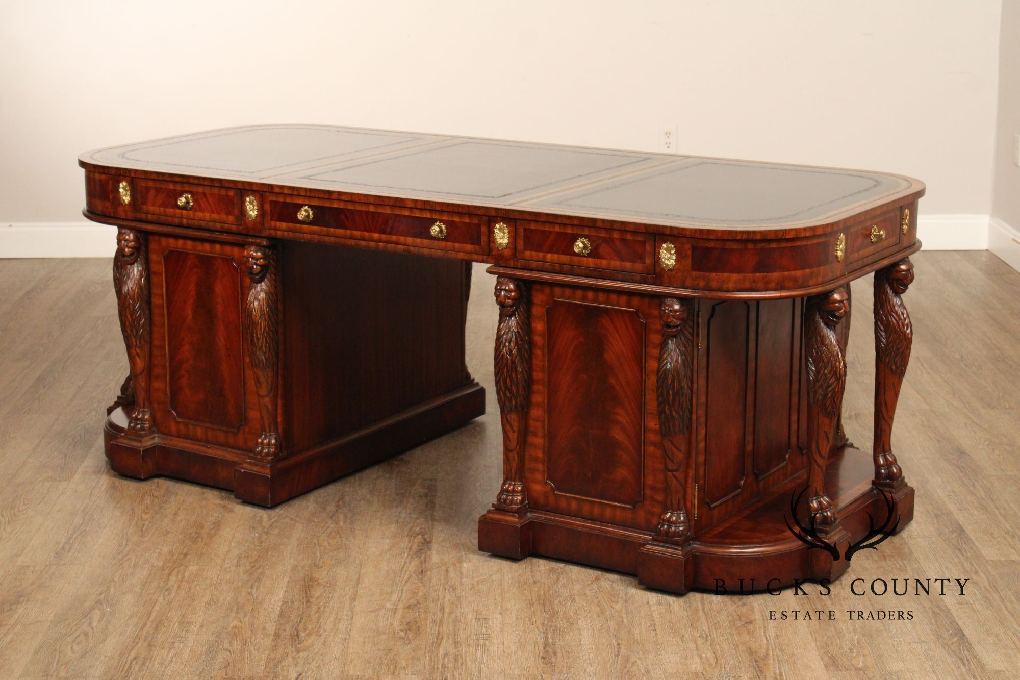 Maitland Smith Carved Mahogany Leather Top Executive Partner's Desk