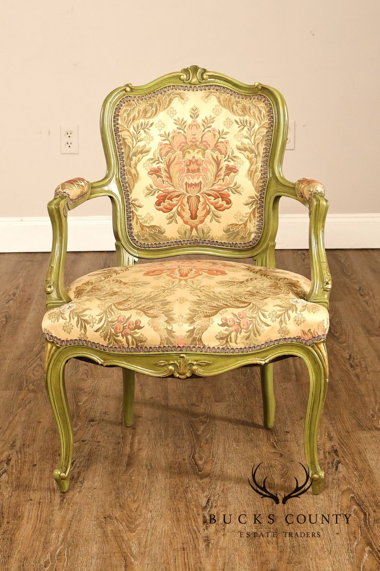 Vintage Louis XV Style Green Painted Floral Upholstered Armchair