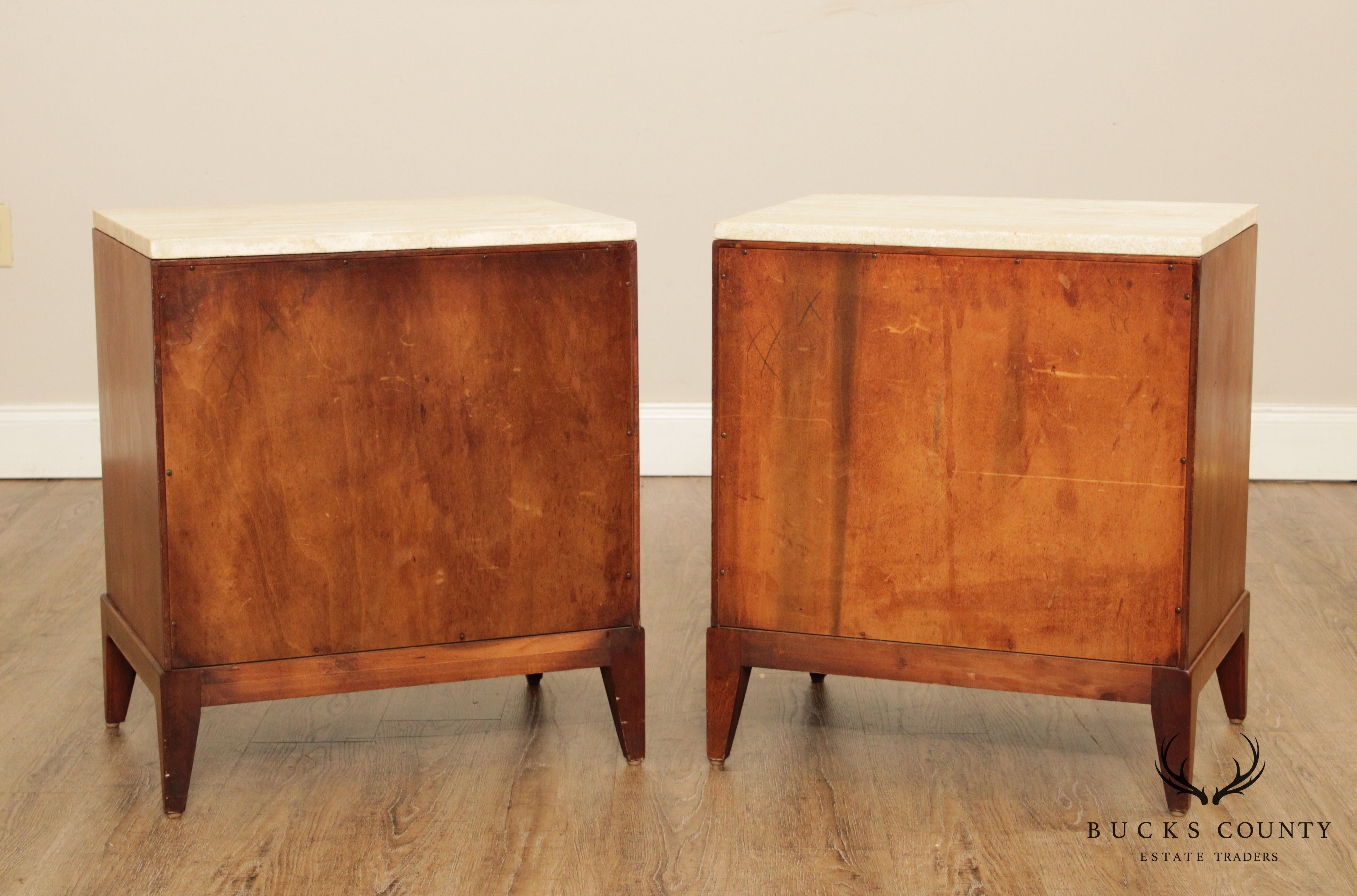 Mid Century Modern Pair Walnut Travertine Top 3 Drawer Nightstands