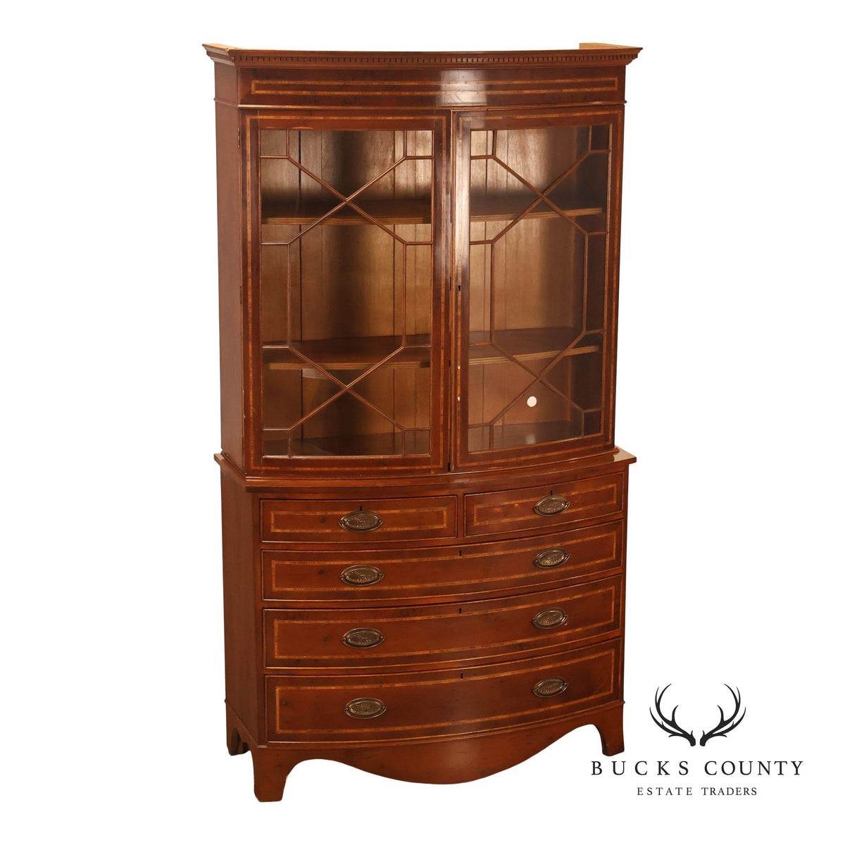 Georgian Style Inlaid Yew Wood Bow Front Bookcase Bureau China Cabinet