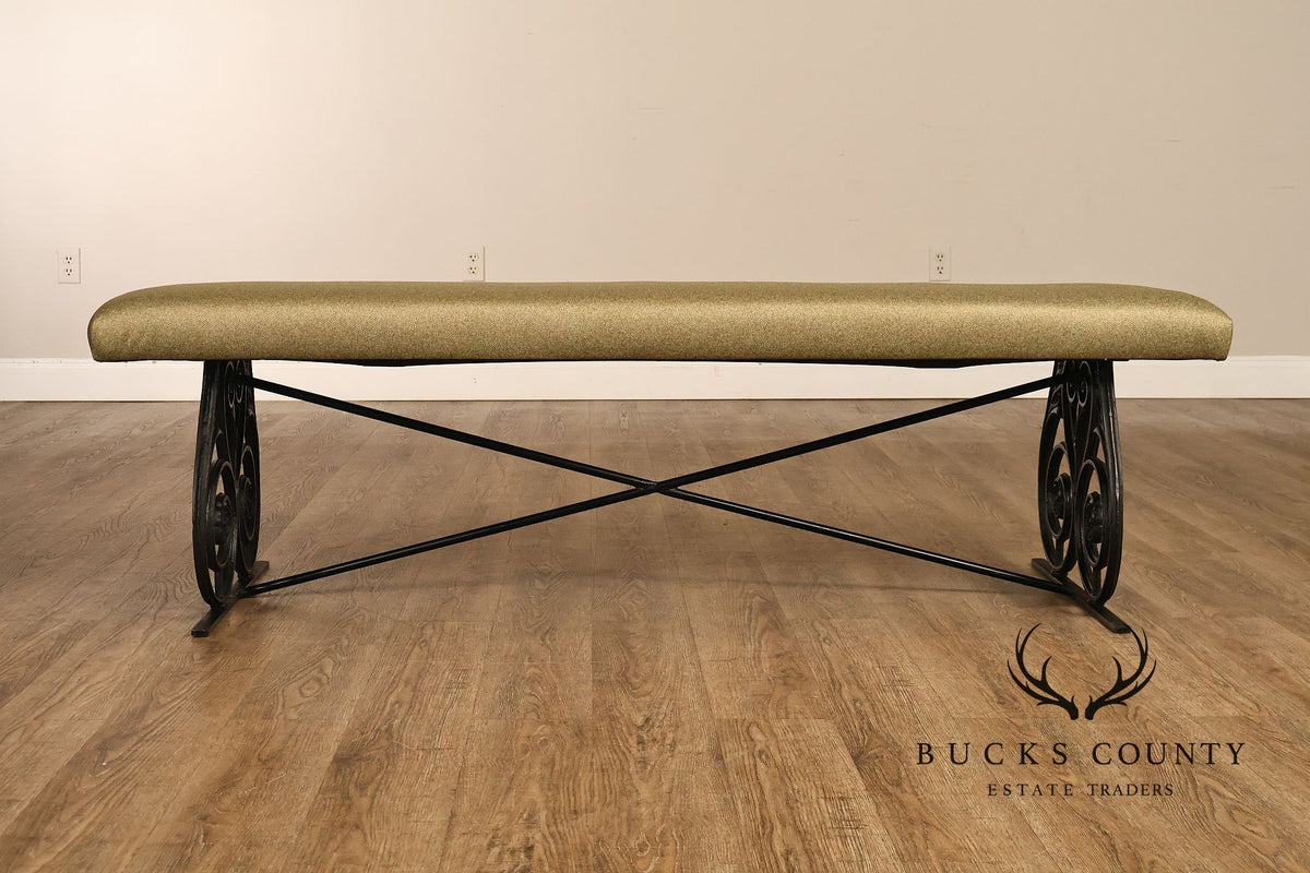 Vintage Wrought Iron Scrollwork Upholstered Bench