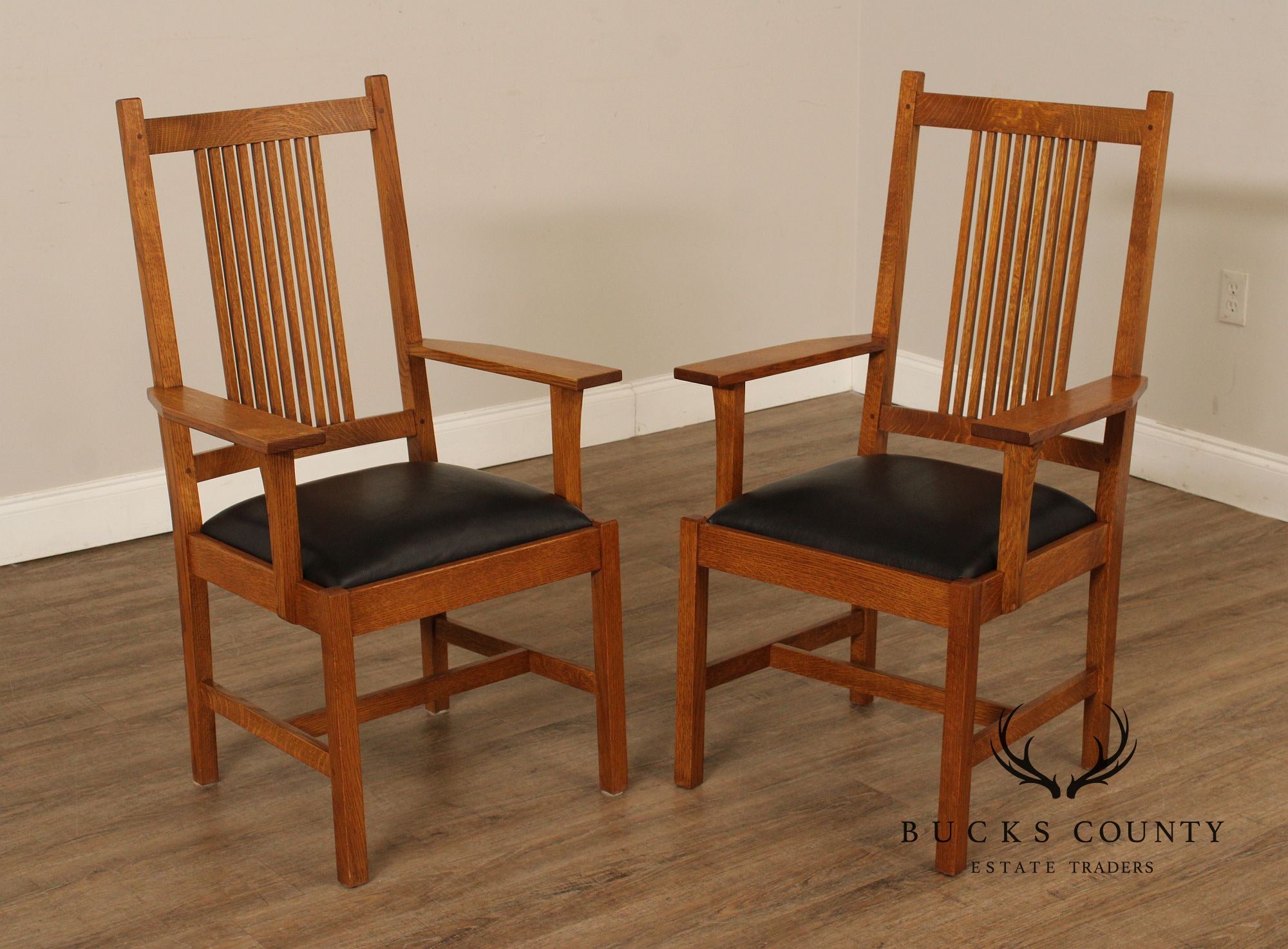 Stickley Mission Collection Pair of Oak Spindle Dining Armchairs