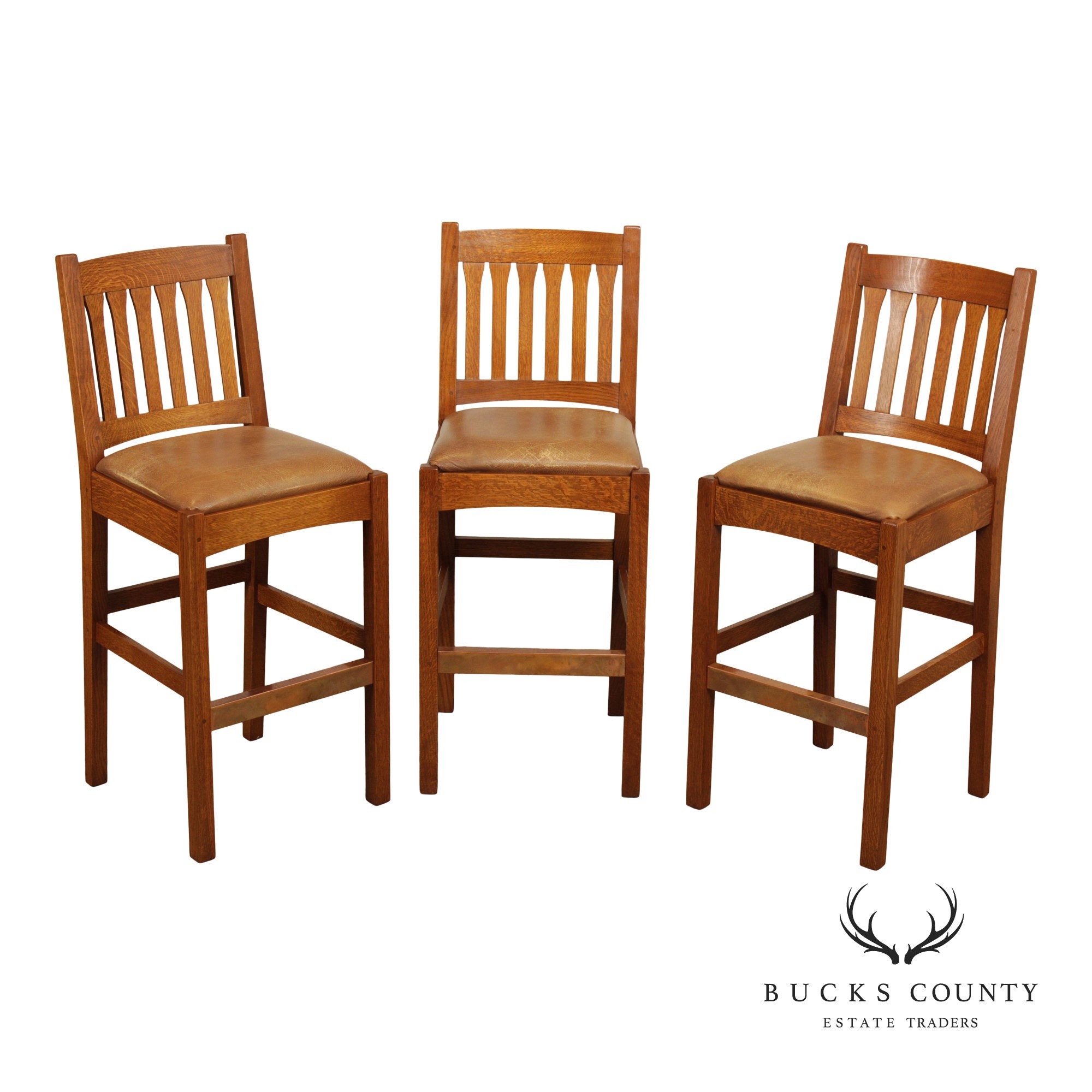 Stickley Mission Collection Set of Three Oak Slat Back Bar Stools