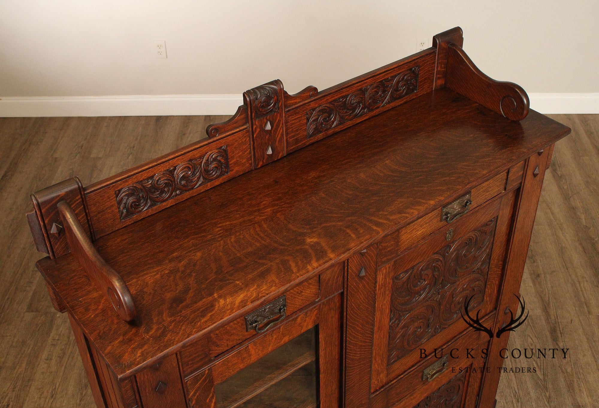 Antique Arts And Crafts Period Carved Oak Secretary Desk Bookcase