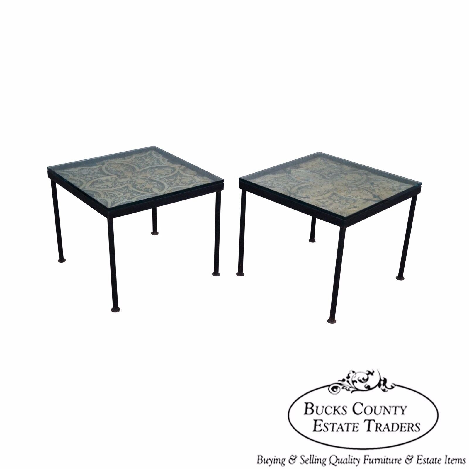 Custom Pair of Square Iron Frame Glass Top Side Tables w/ Tin Panels