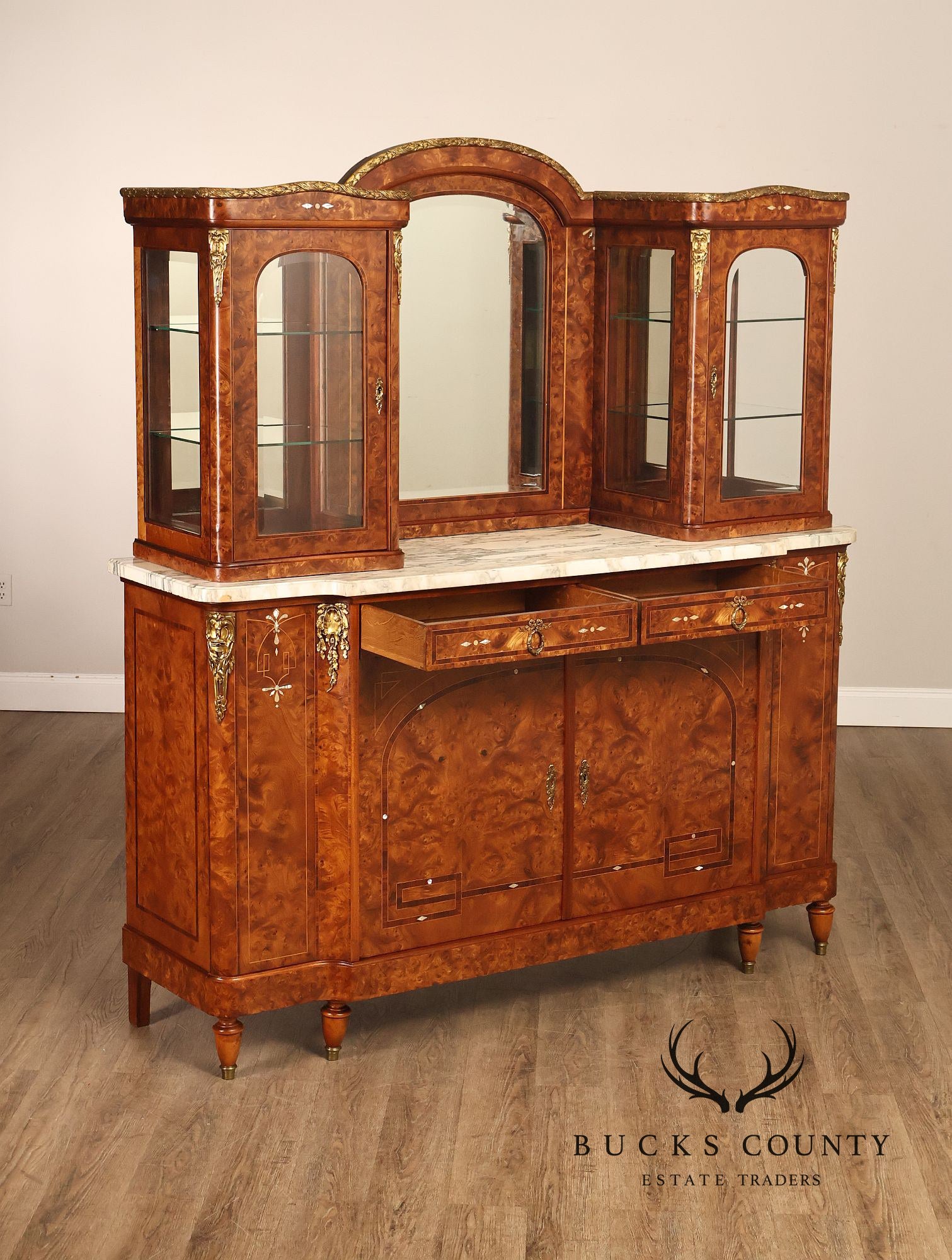 French Belle Époque Art Nouveau Burled Walnut Marble Top Sideboard With Display Cabinets