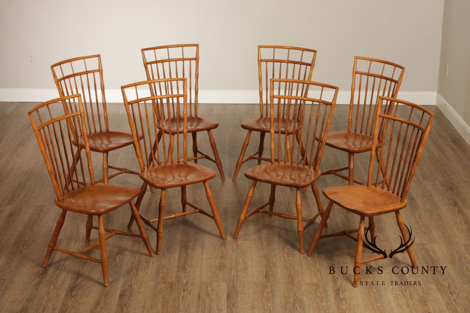 Ethan Allen Circa 1776 Collection Maple Set Of Eight Birdcage Windsor Dining Chairs