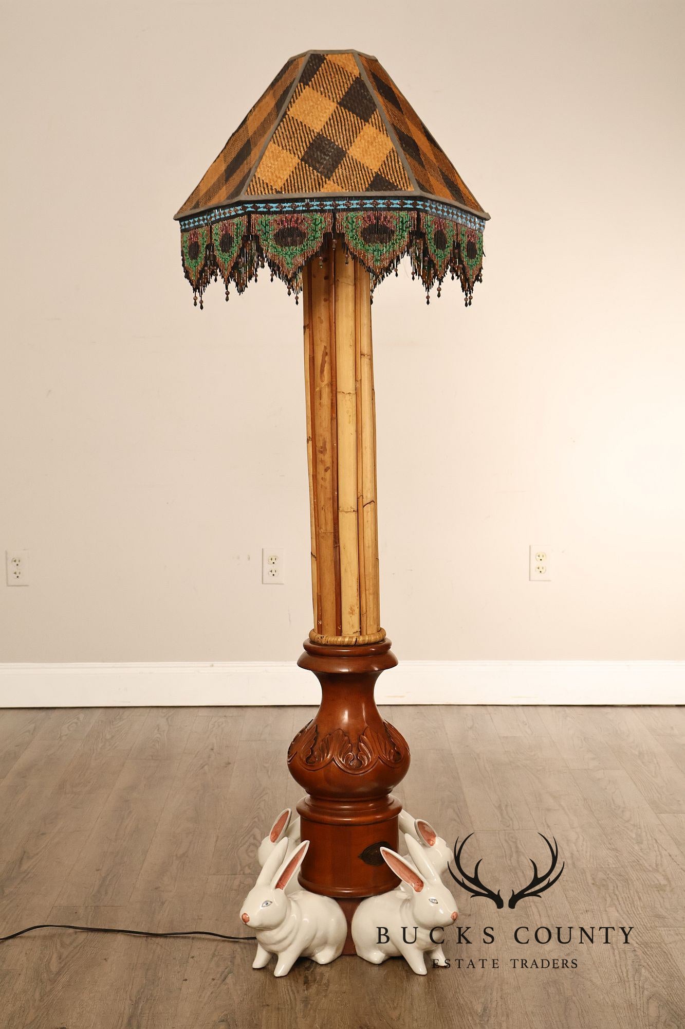 MacKenzie-Childs Rabbit Floor Lamp With Bamboo Column And Beaded Shade