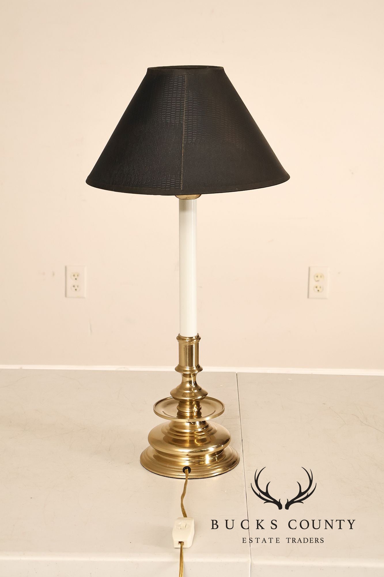 Pair of Brass Candlestick Style Table Lamps with Black Faux Alligator Shades