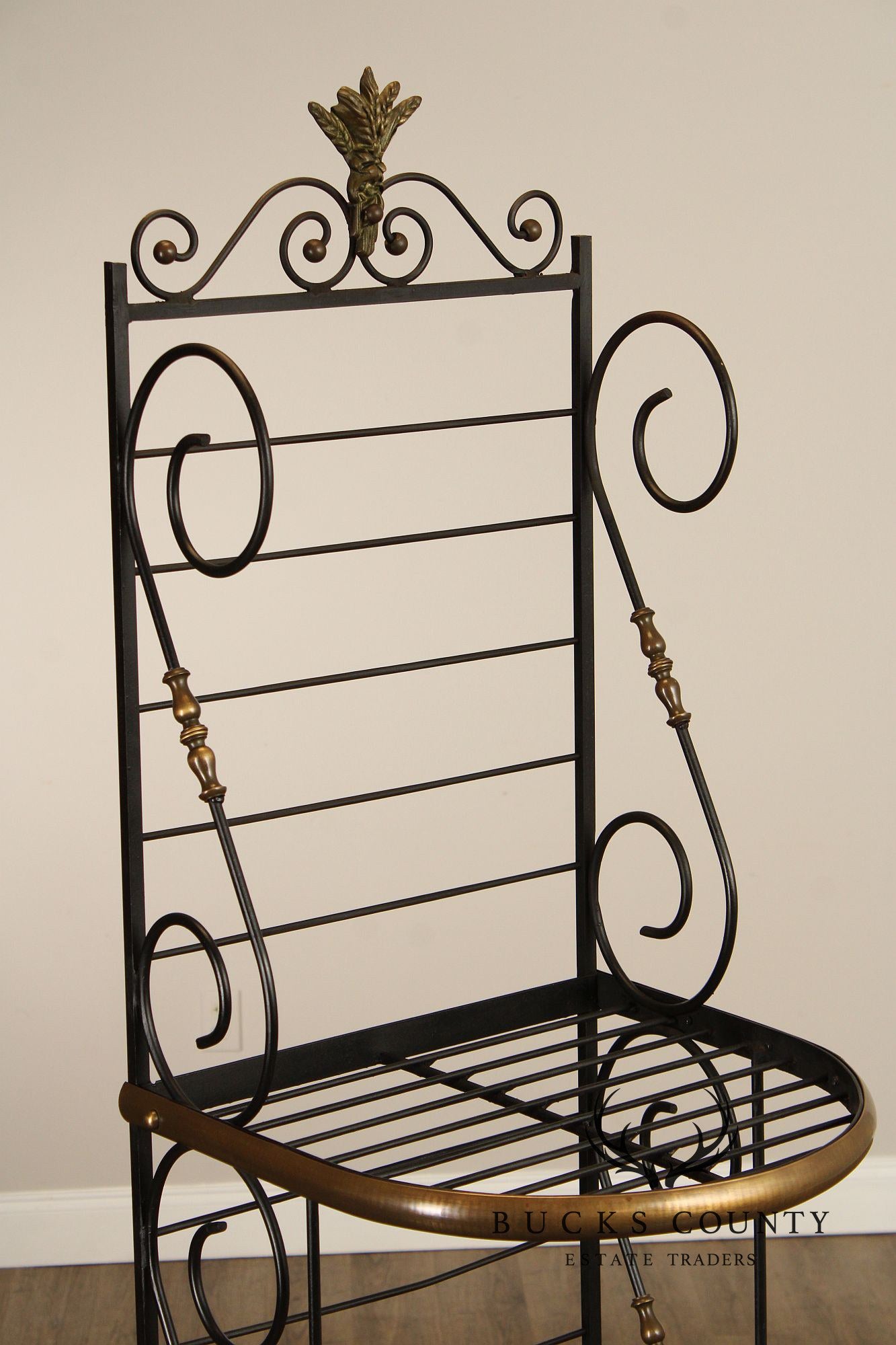 French Country Style Vintage Wrought Iron And Brass Narrow Bakers Rack