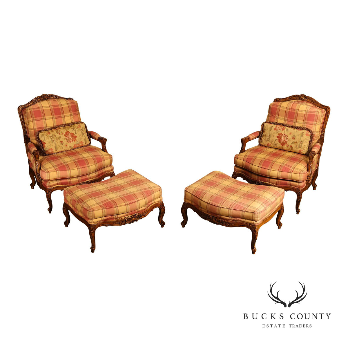 Sherrill Furniture French Louis XV Style Pair of Lounge Chairs with Ottomans