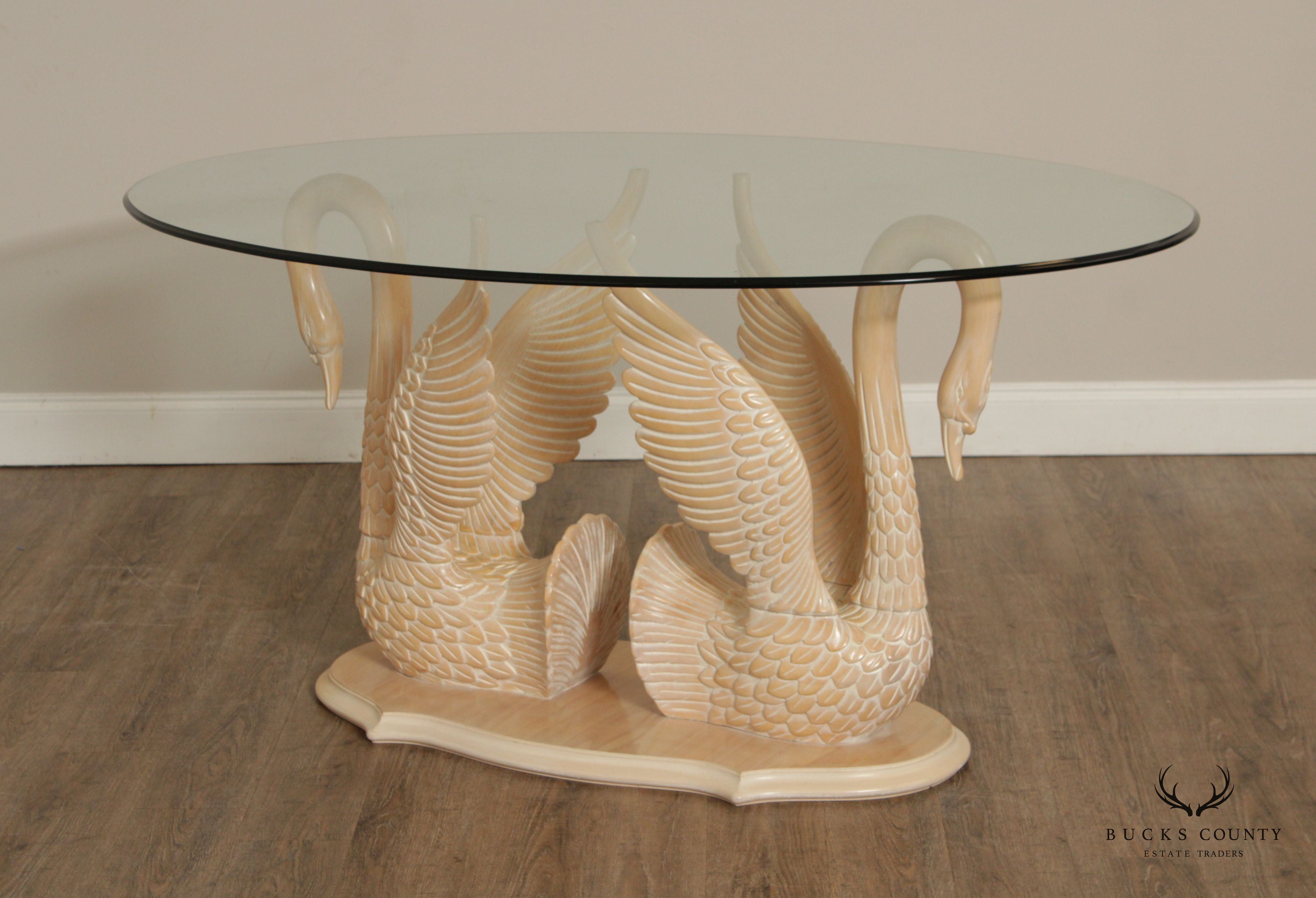 Vintage Carved Double Swan Base Oval Glass Top Dining Table