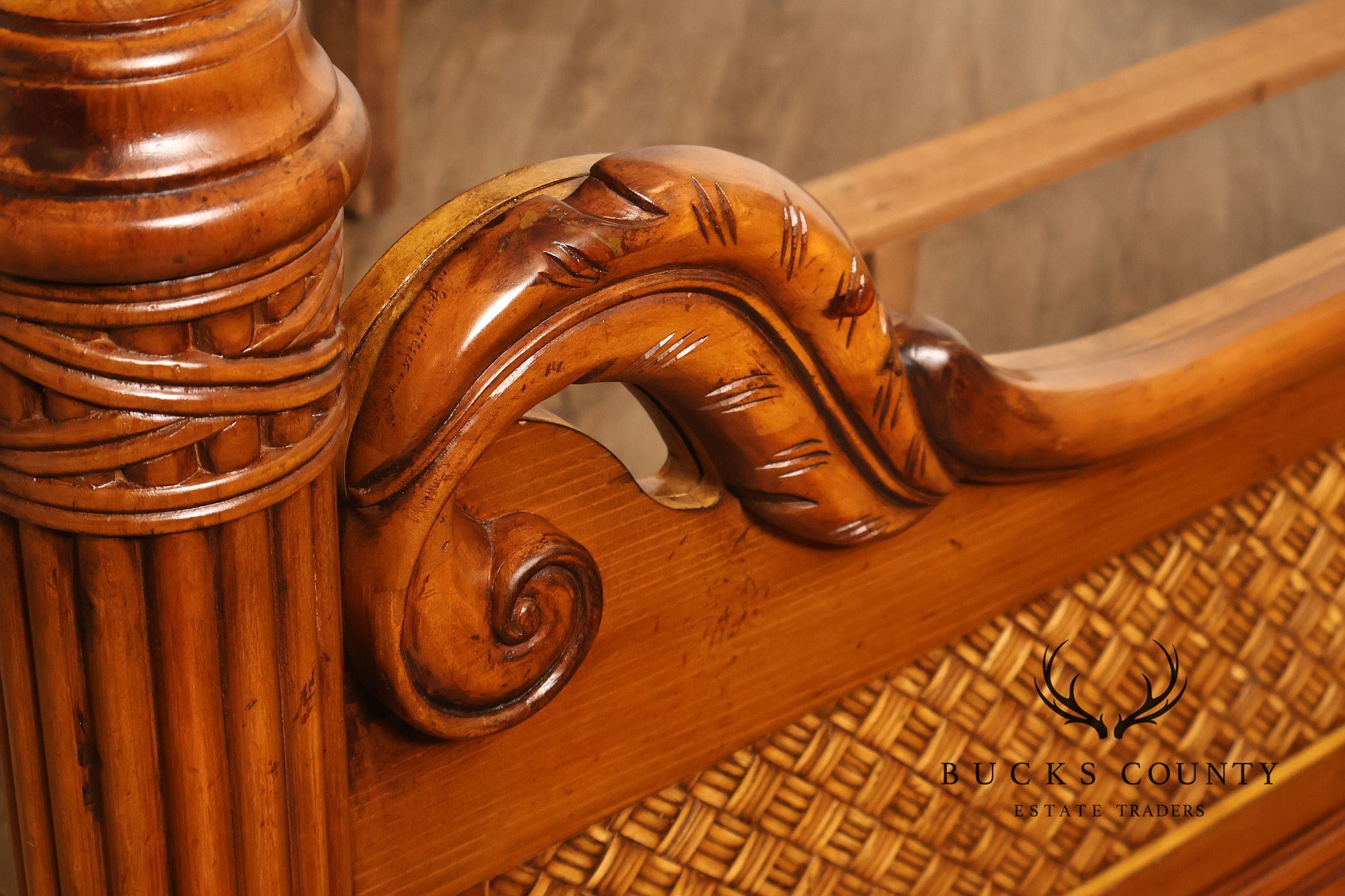 Tropical British Colonial Style Carved Wood Queen Poster Bed