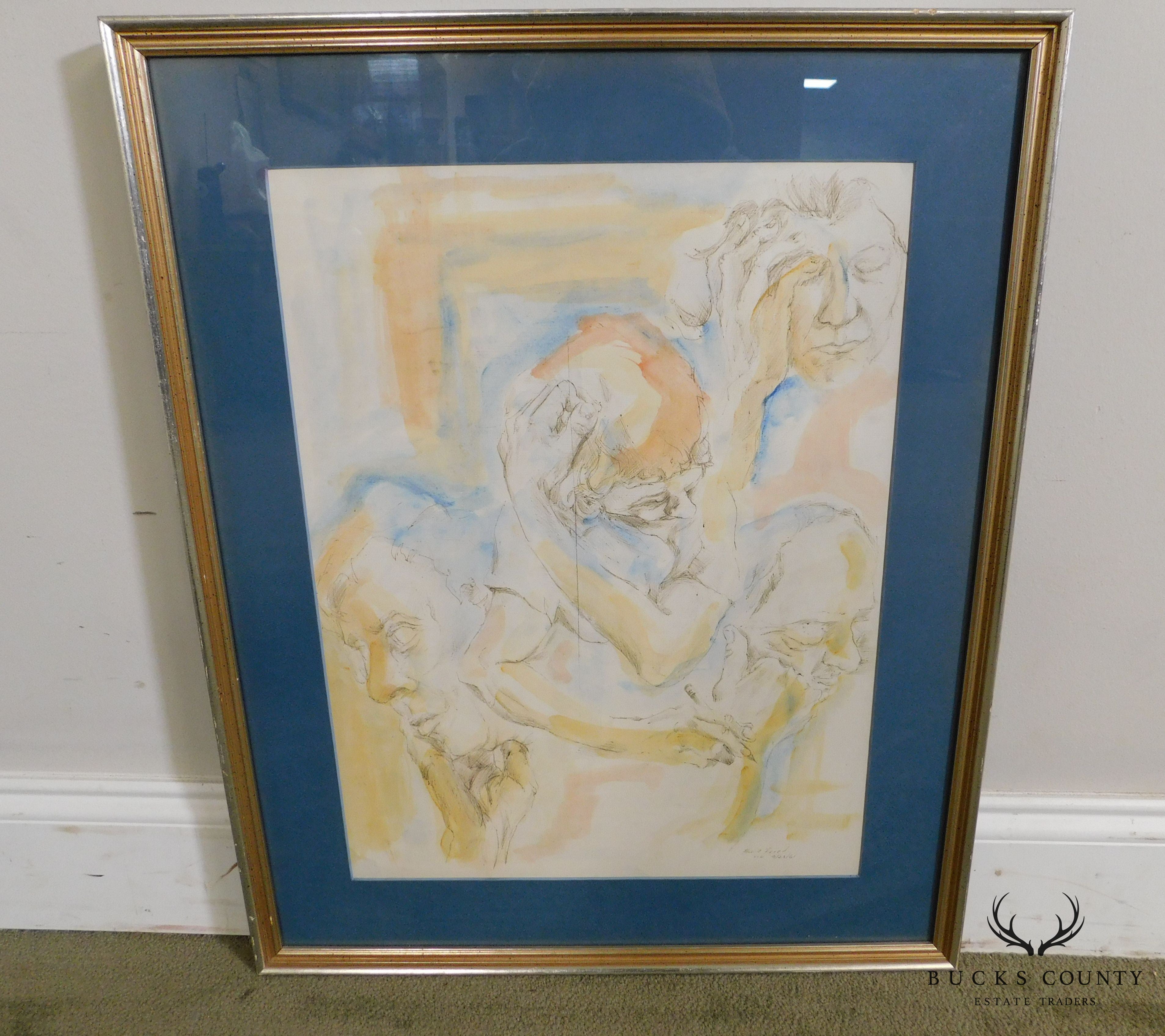 Blue Matted Portrait Sketch w/ Watercolor