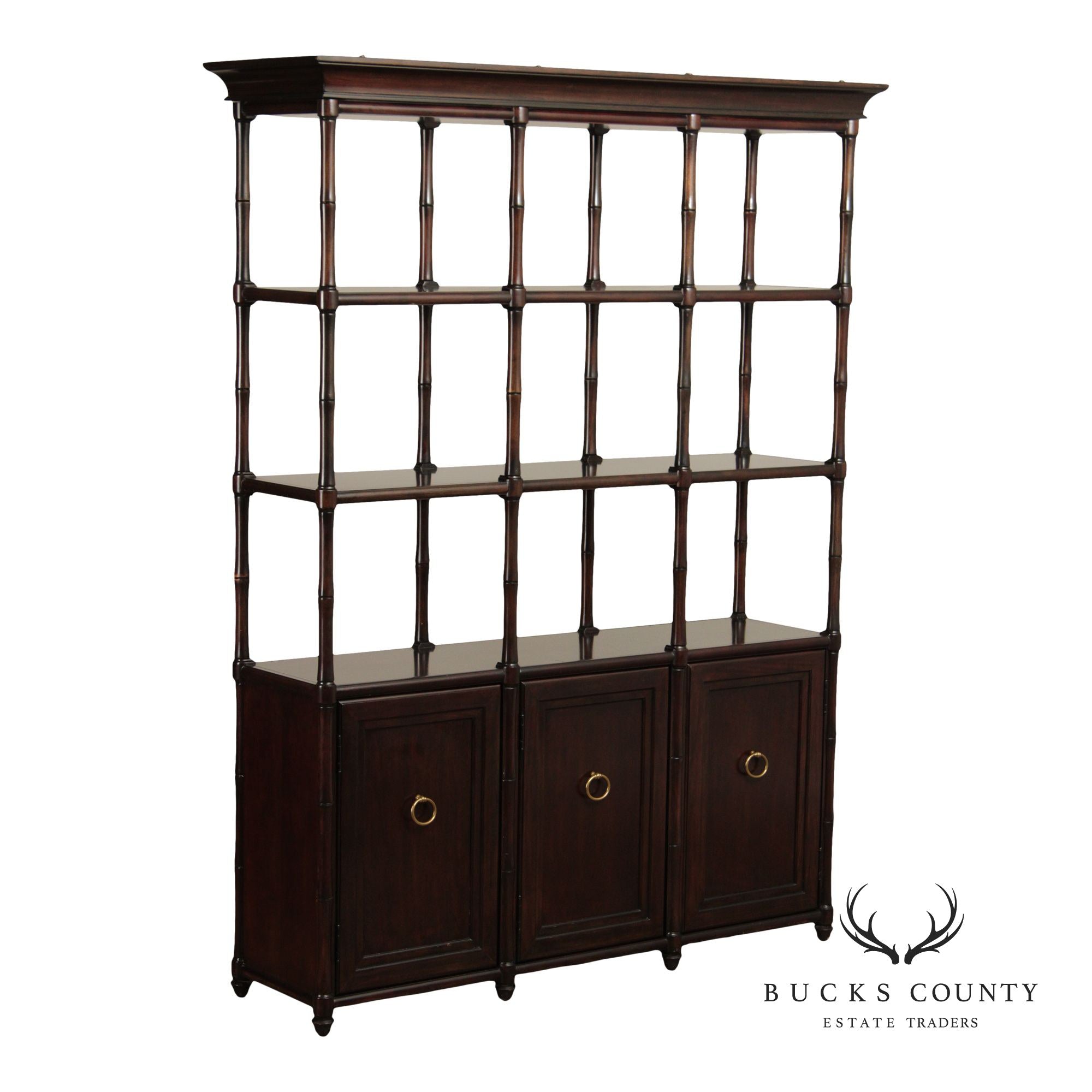 Faux Bamboo Large Mahogany Etagere Bookcase Cabinet