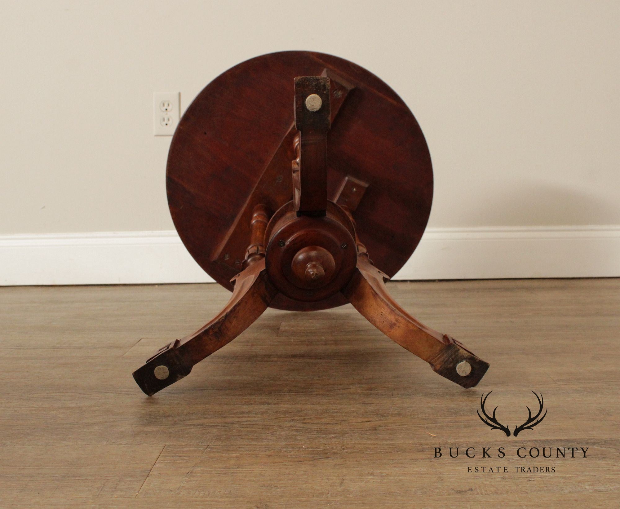 Antique Victorian Carved Inlaid Burl Wood Round Side Table