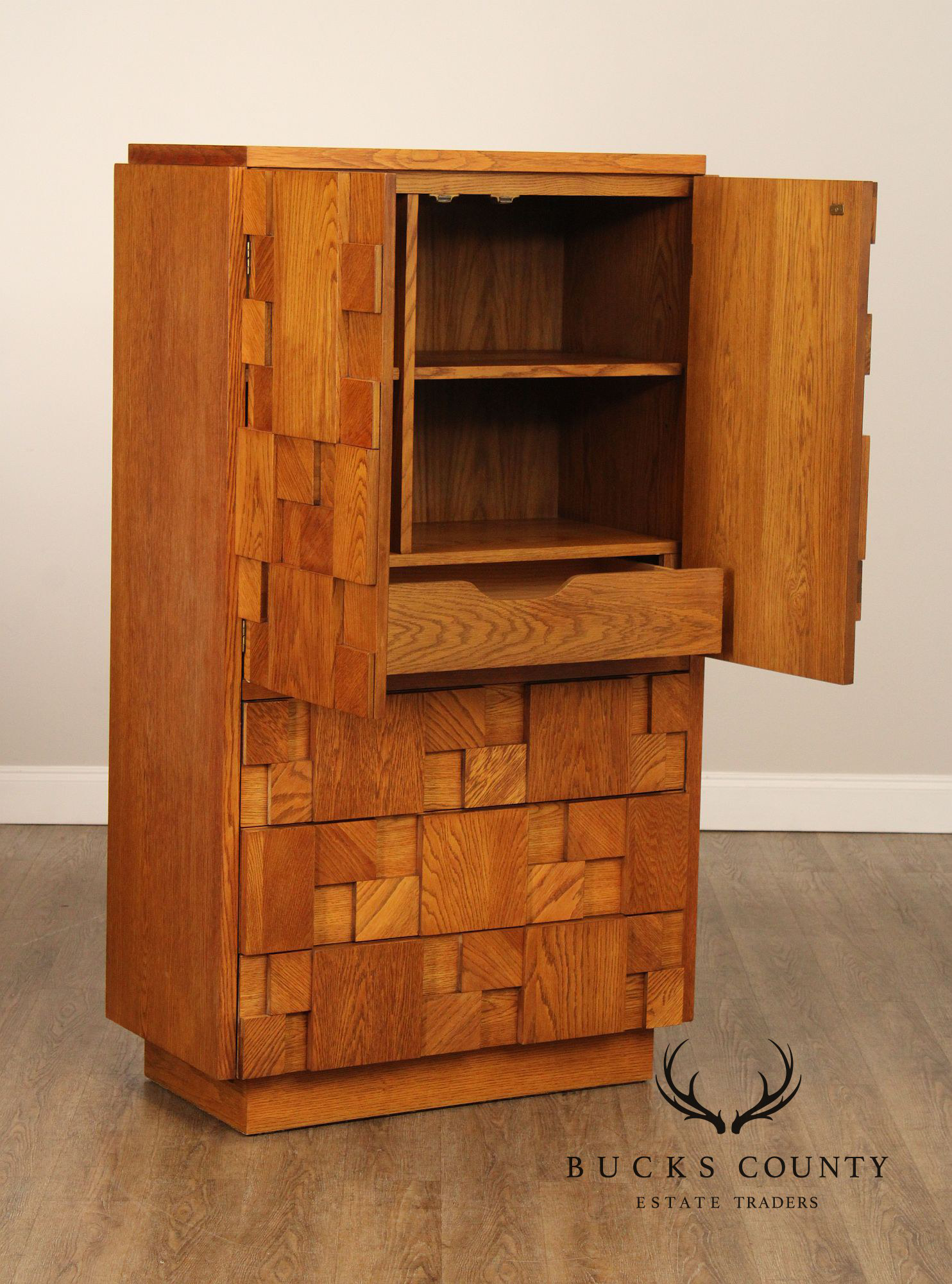 Lane Mid Century Modern Brutalist Oak Armoire