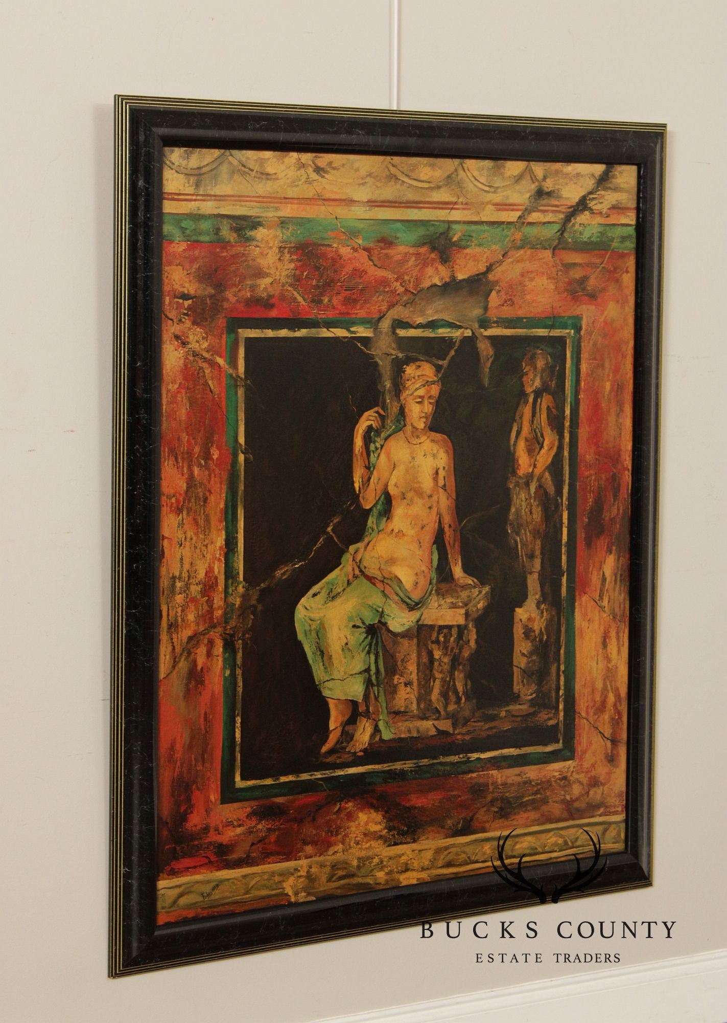Roman Fresco Oil Painting Signed 'Fabriano' with Black Frame
