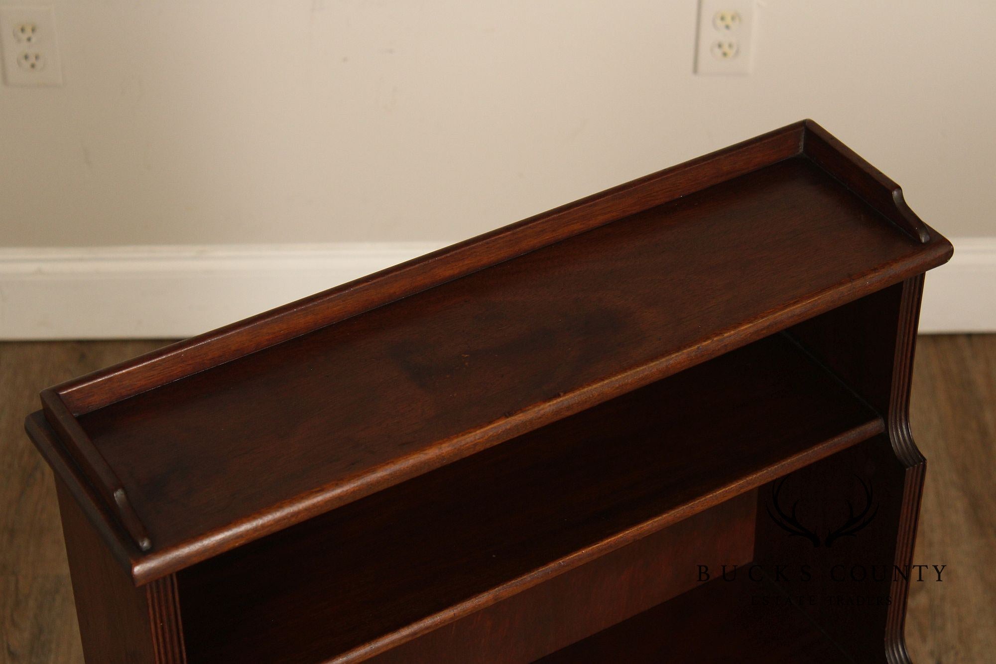 Vintage Georgian Style Narrow Mahogany Waterfall Open Bookcase With Drawer