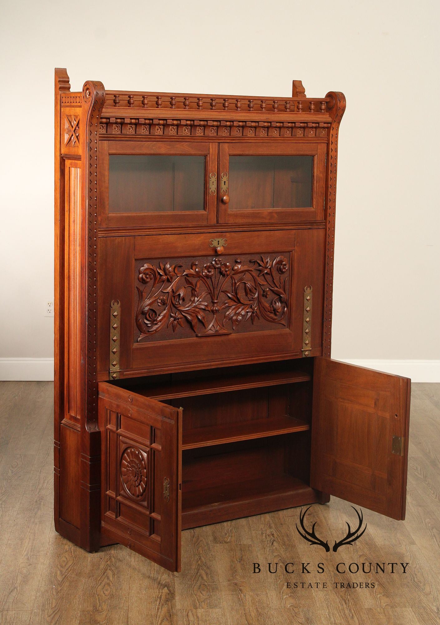 Antique Victorian Aesthetic Carved Walnut Drop Front Writing Desk