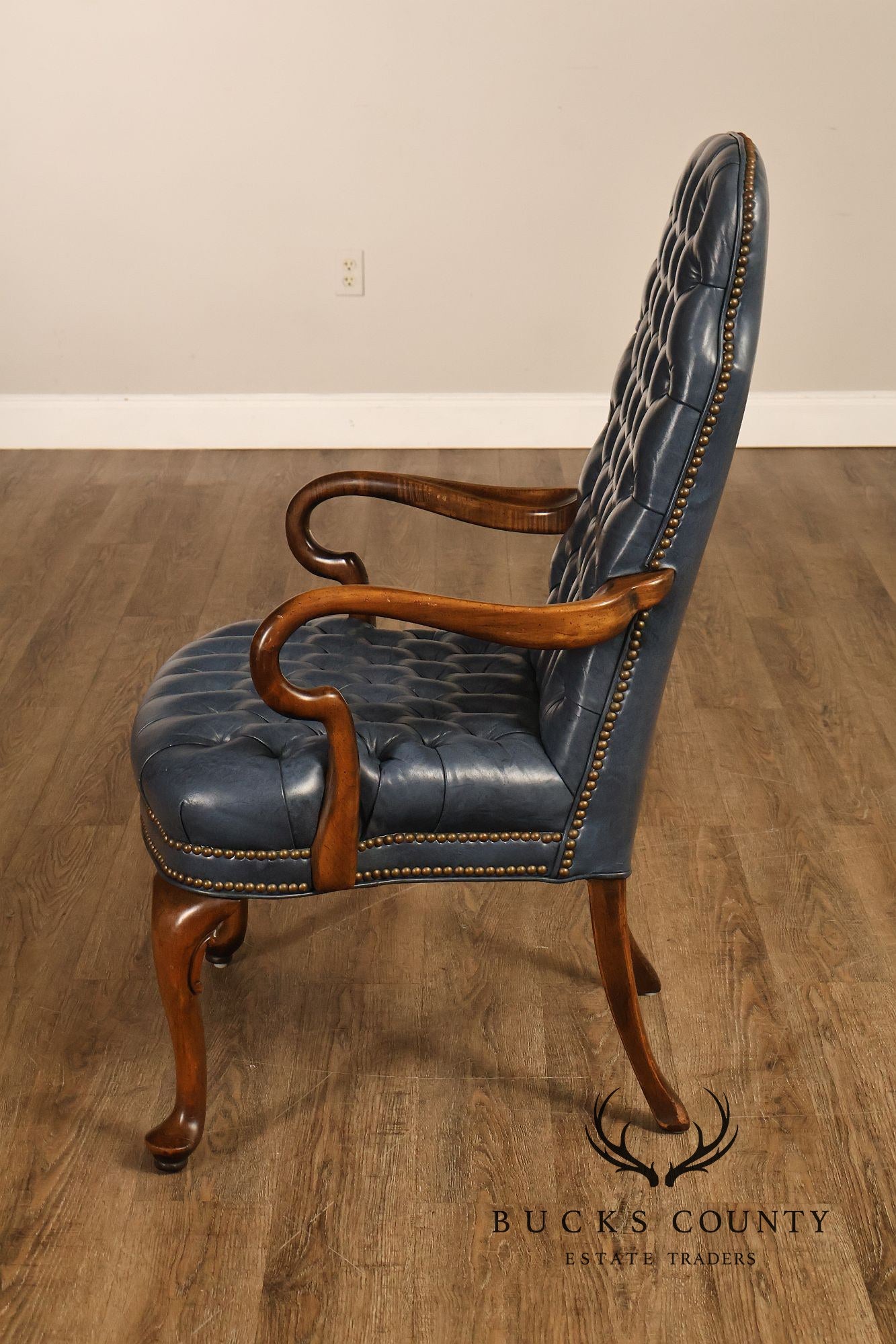 Ethan Allen Queen Anne Style Pair of Tufted Leather Library Armchairs