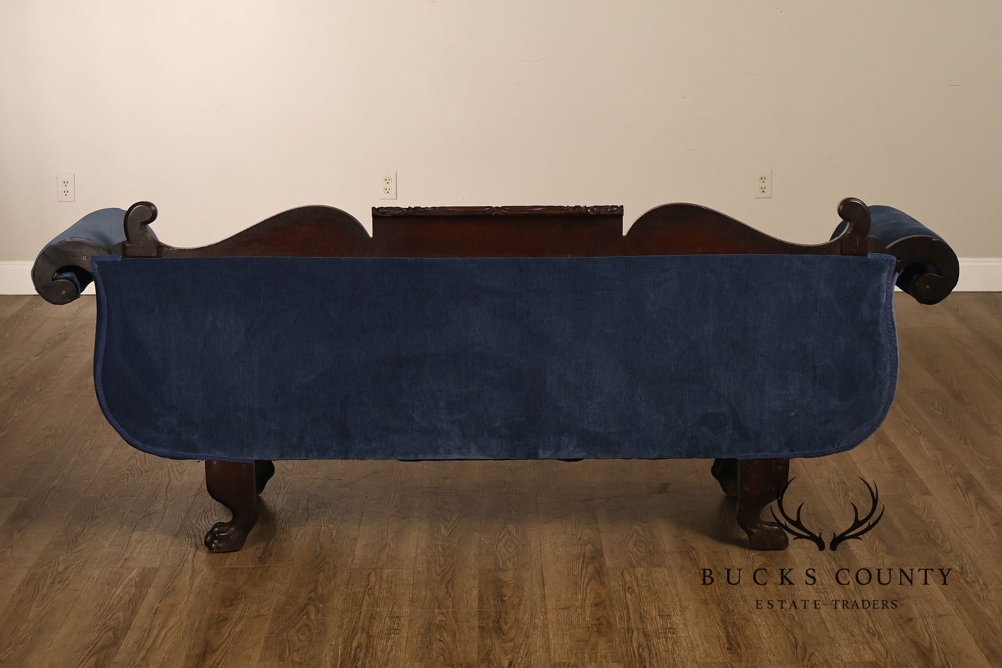 Antique American Empire Mahogany Carved Swan Arm Sofa With Blue  Upholstery