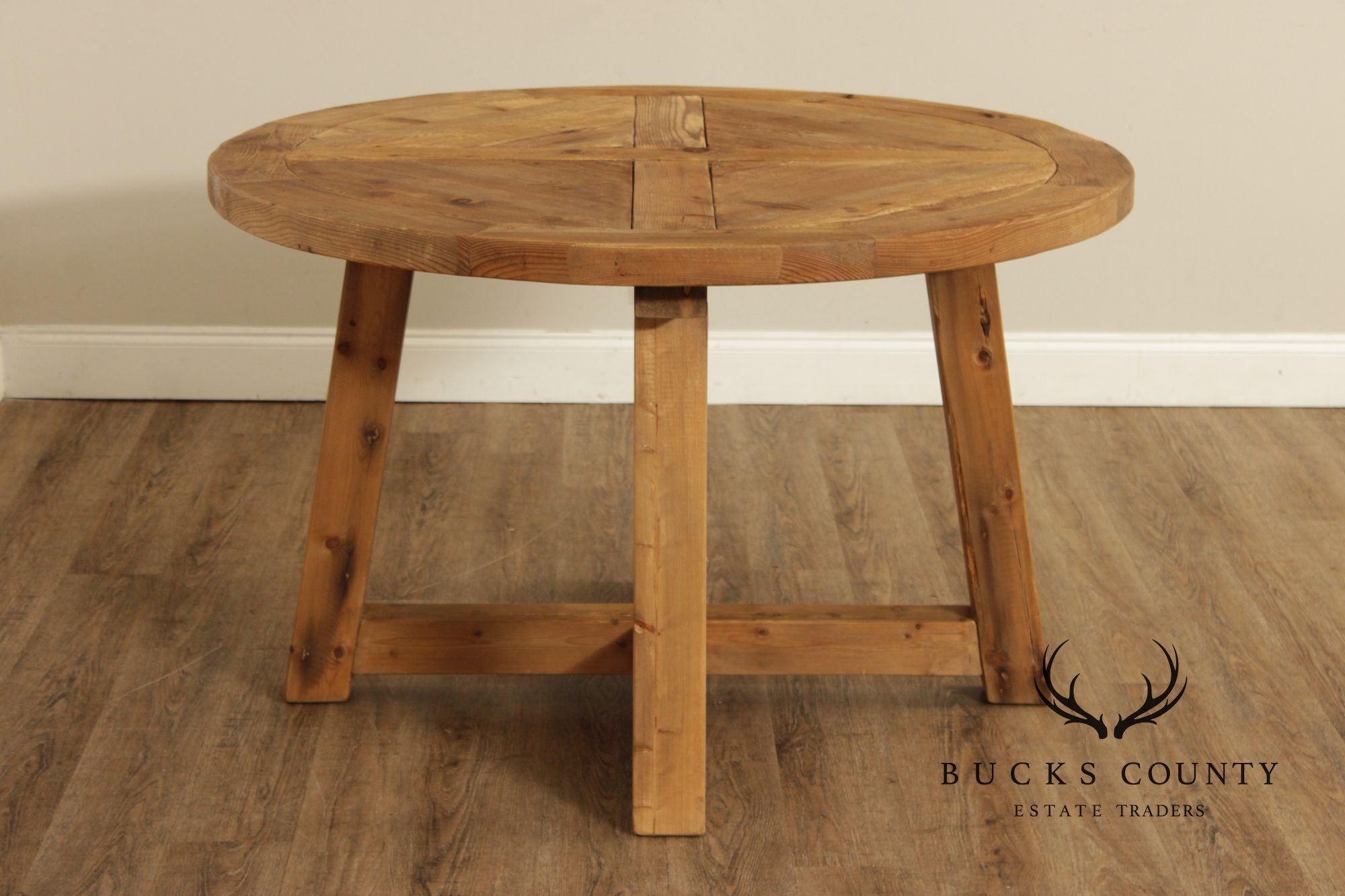 Rustic Industrial Round Pine Dining Or Center Table With X-Base