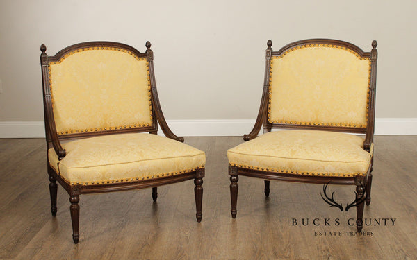 French Louis XVI Style Quality Pair of Walnut Slipper Chairs