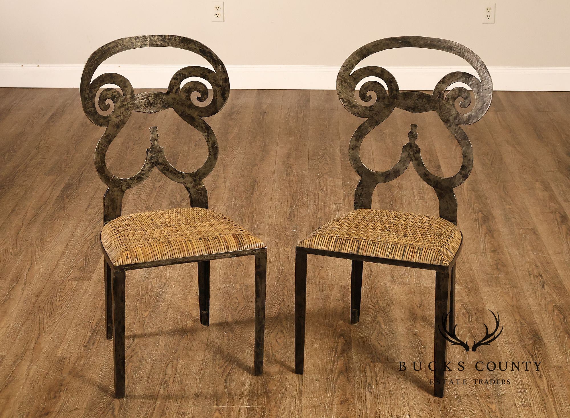 Biedermeier Style Pair Of Forged Iron And Woven Rattan Side Chairs