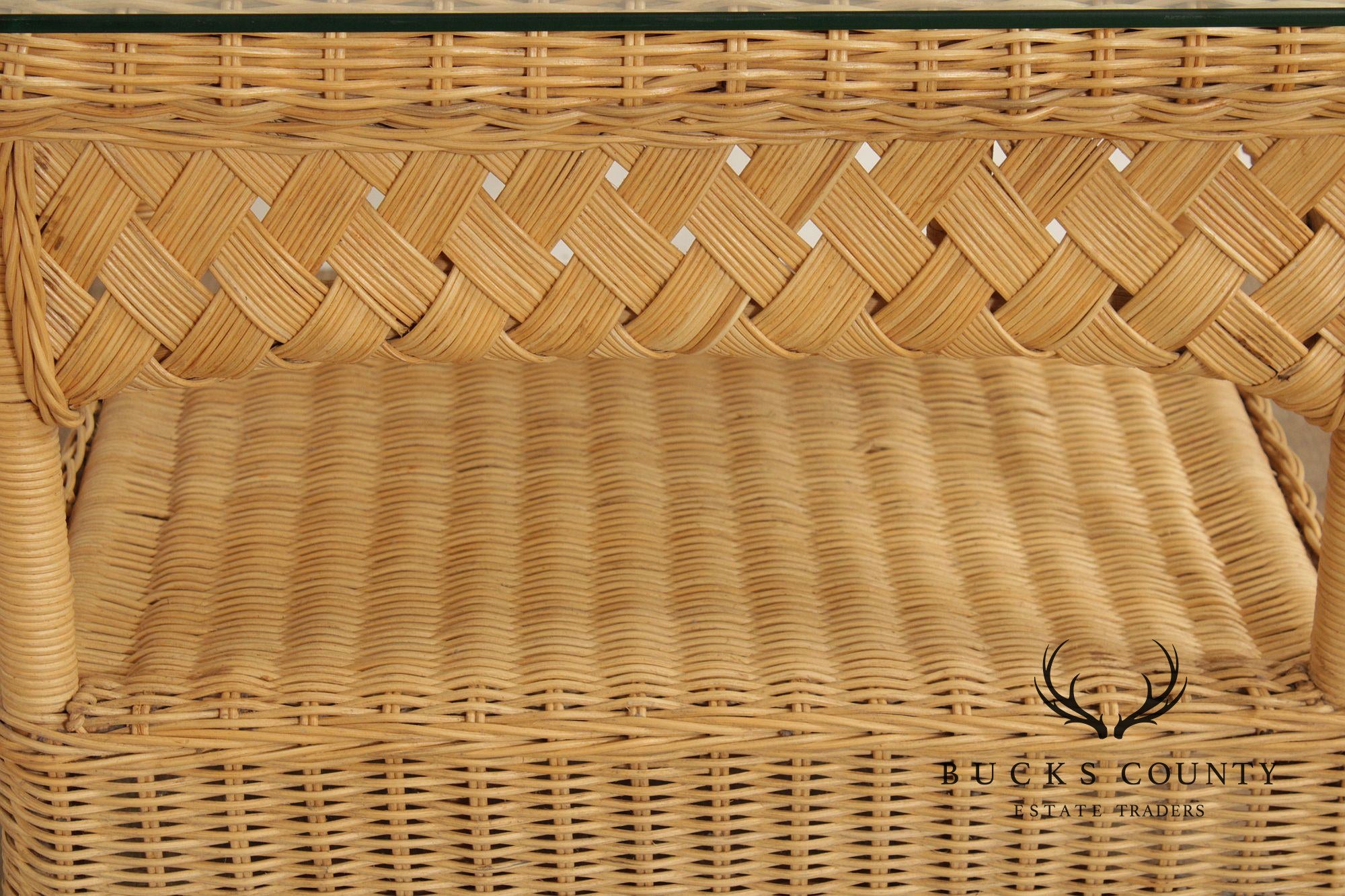 Vintage Pair of Glass Top Wicker End Tables