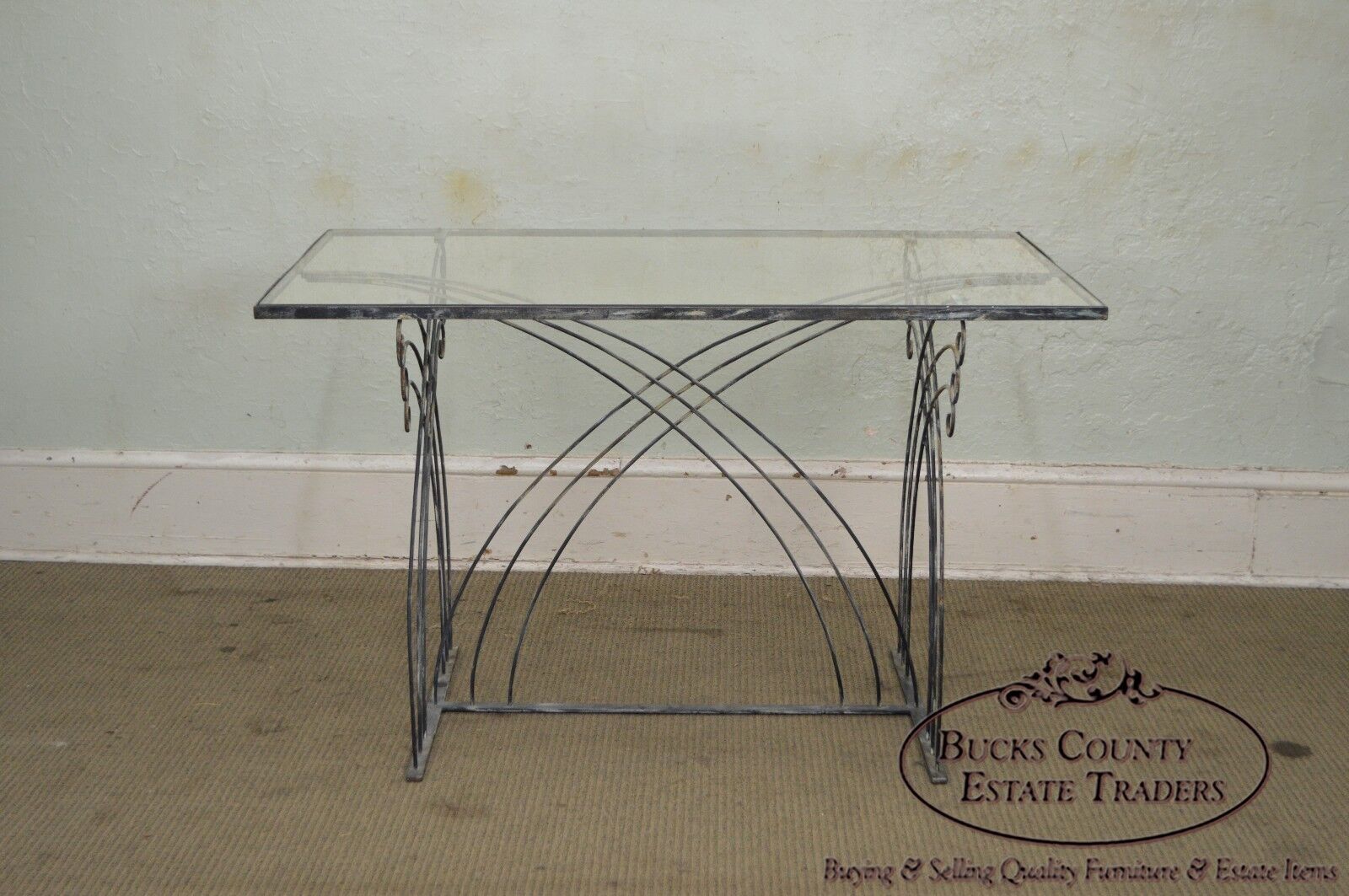 Art Deco Vintage Studio Wrought Iron Glass Top Patio Console Table