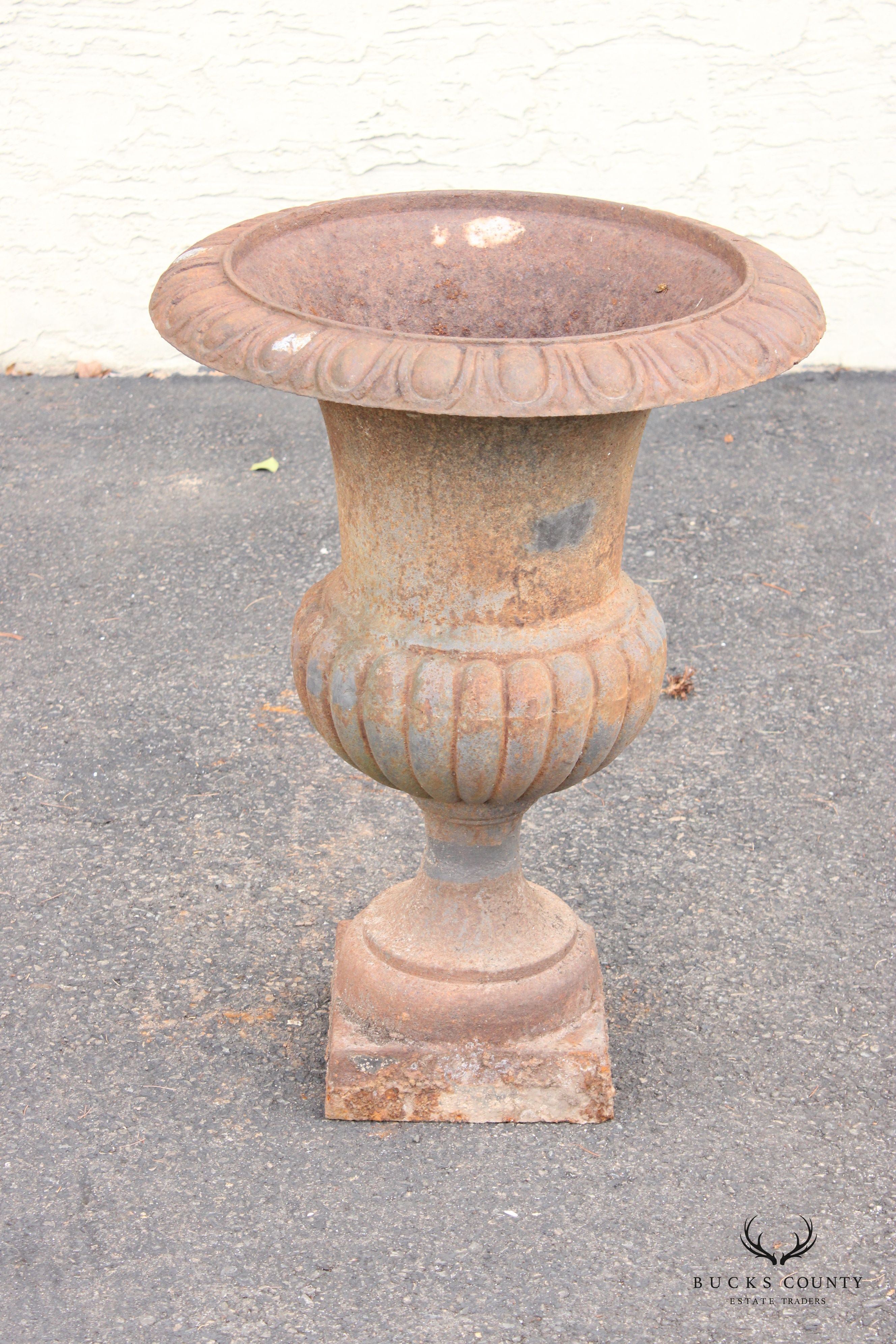 French Style Vintage Pair of Cast Iron Garden Urns