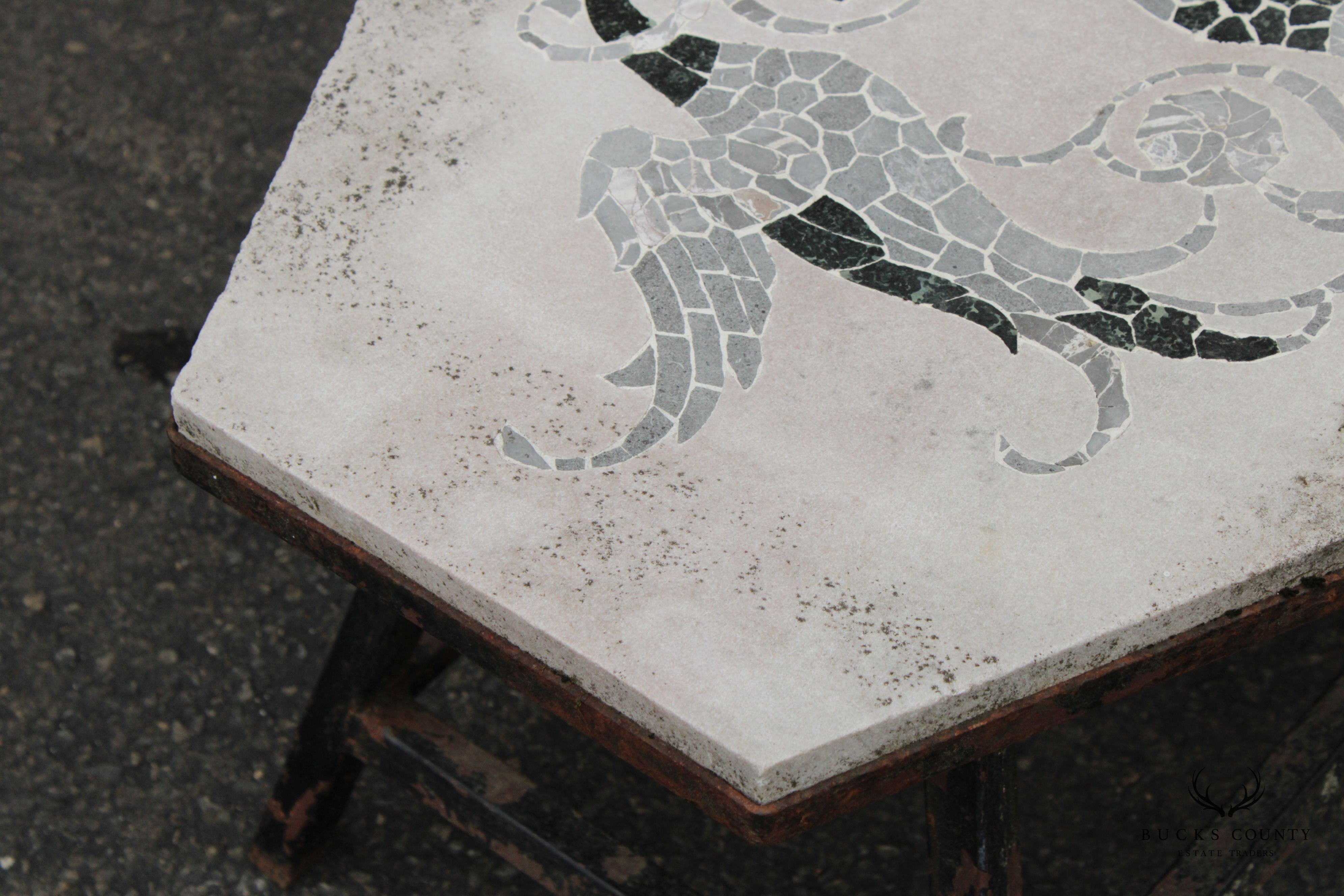 Vintage Iron and Mosaic Stone Outdoor Garden Side Table