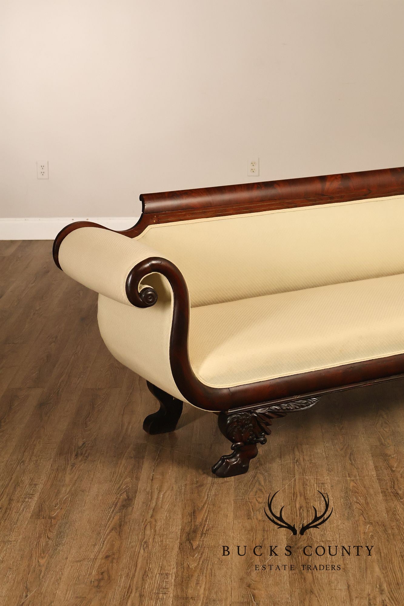 Antique Empire Style Mahogany Classical Scroll Arm Sofa