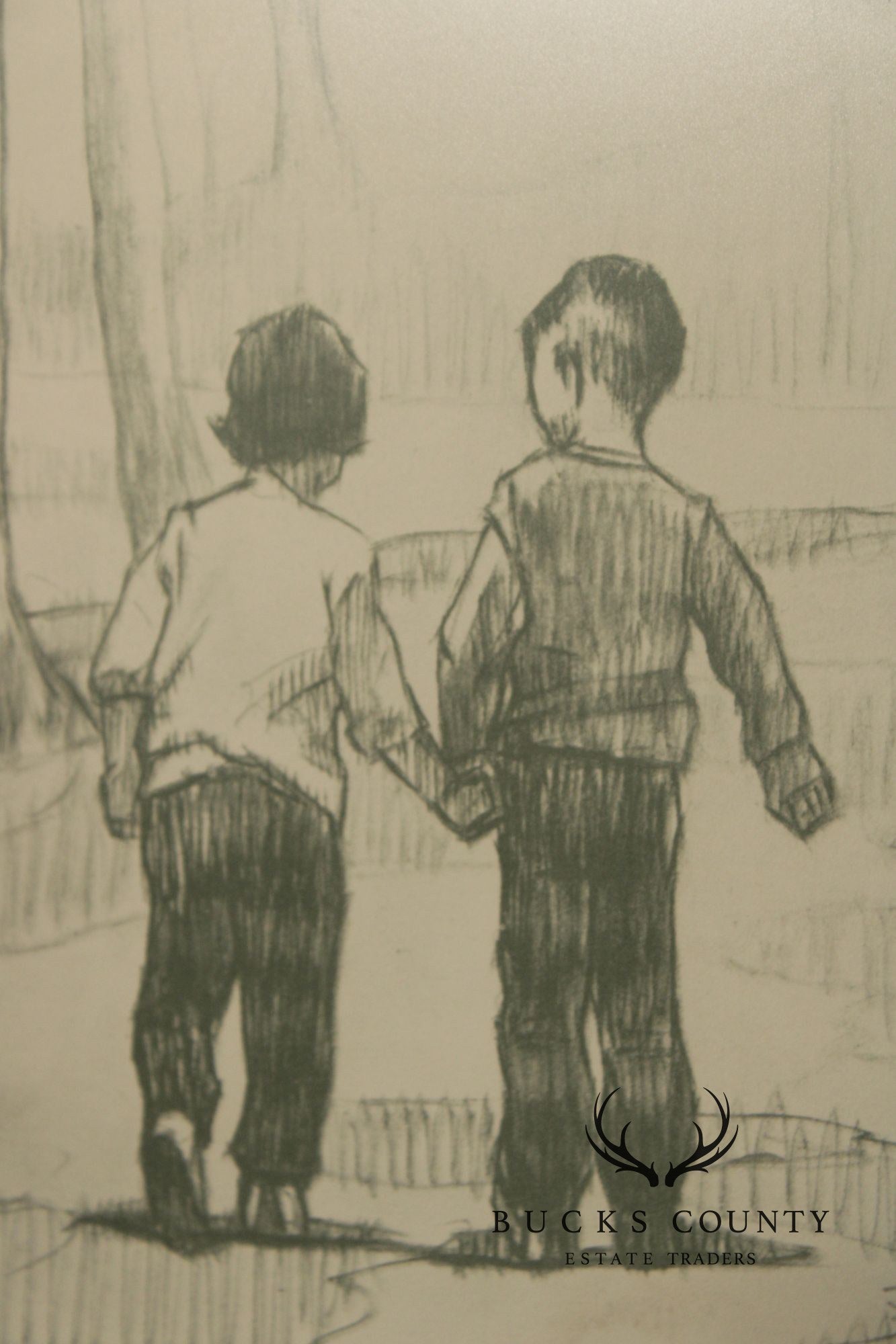 W. Cortland Butterfield Framed Drawing, Children in a Wood