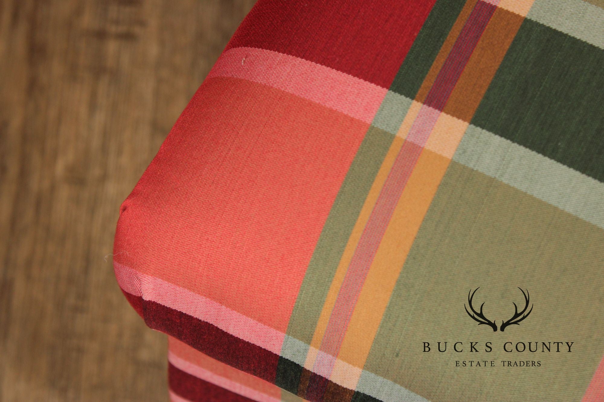 'A Colony Original'  Pair Of Upholstered Plaid Skirted Ottomans