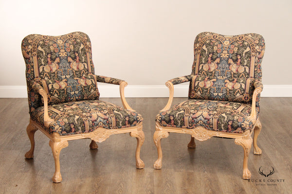 Georgian Style Carved and Cerused Pair of Armchairs