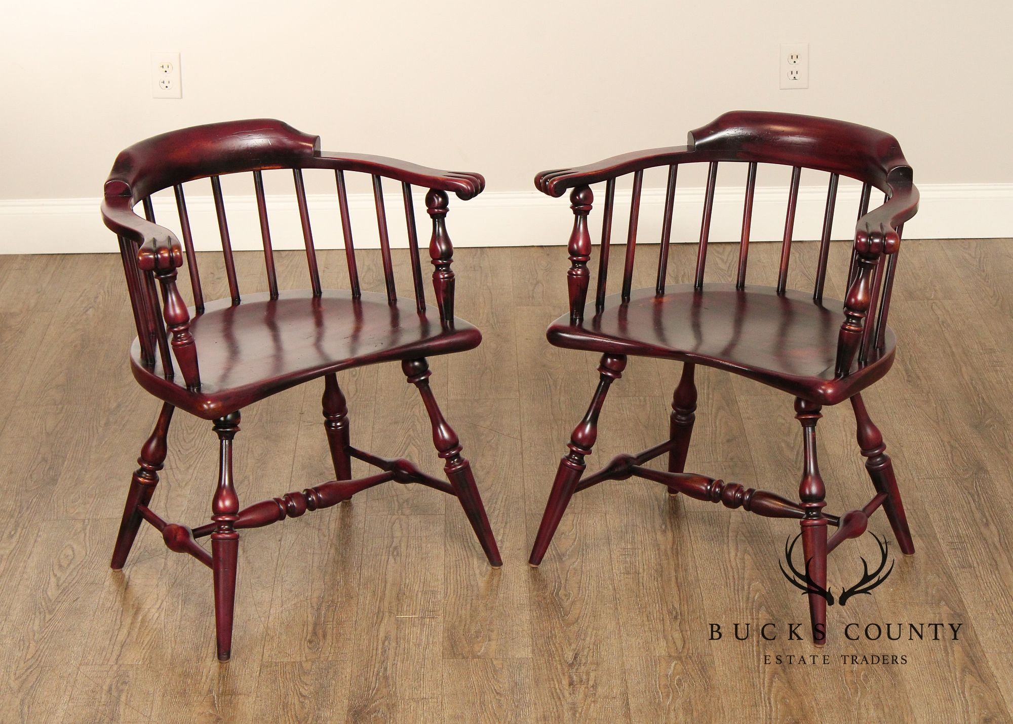 Duckloe Bros. Vintage Pair of Distressed Finish Low Back Armchairs