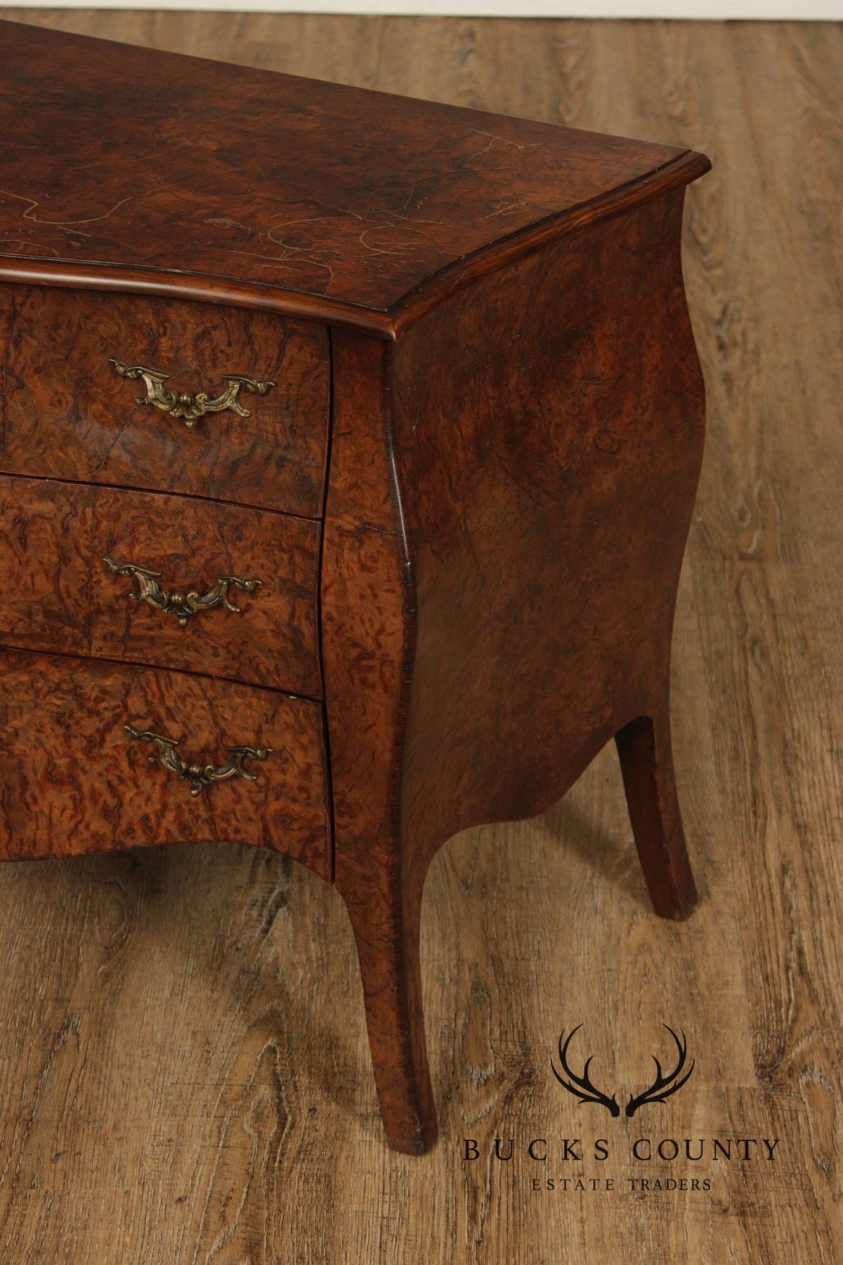 Vintage Louis XV Style Burlwood Bombe Three-Drawer Commode Chest