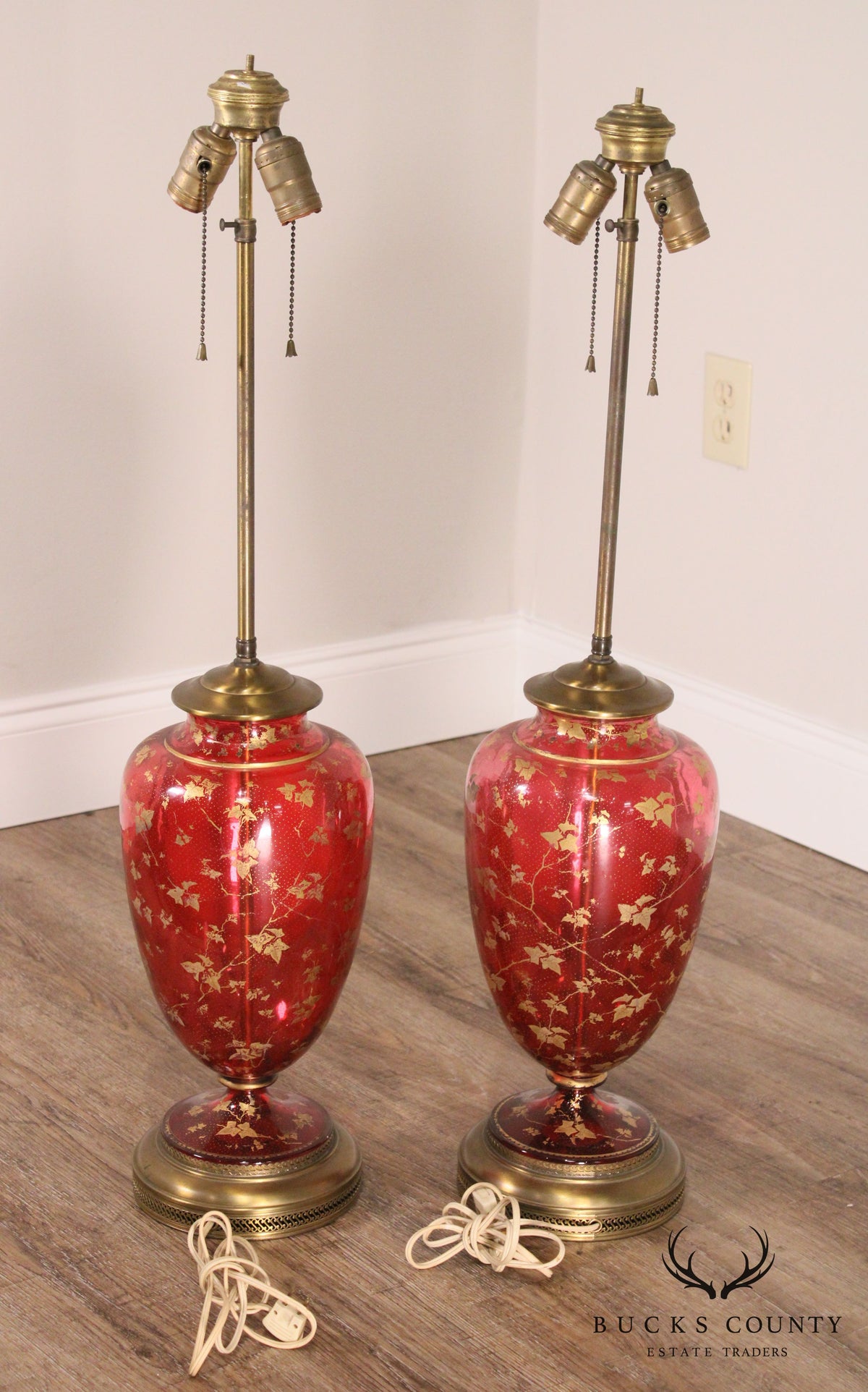 Pair Large Bohemian Red Glass Vase Lamps Overlaid with Gilt Ivy and Decoration