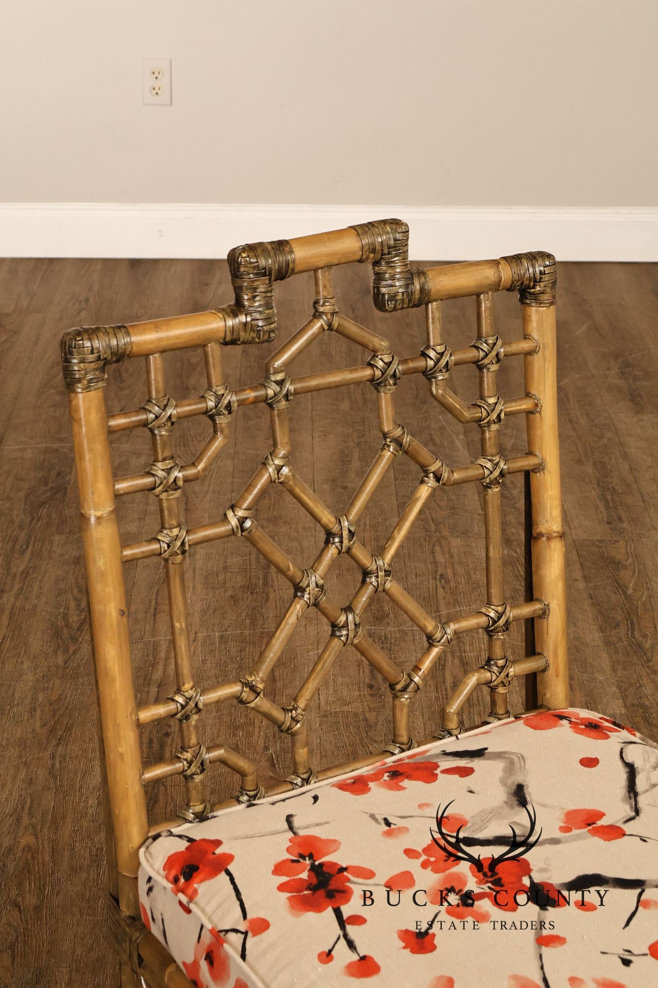 Chinese Chippendale Style Set Of Four Rattan Bamboo Dining Chairs