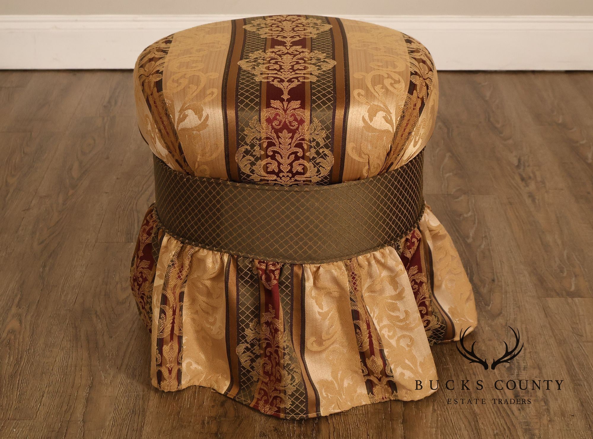 Pair Of Traditional Upholstered Skirted Round Ottomans