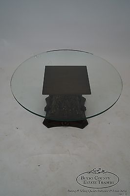 Vintage Italian Carved Wood Corinthian Colum Base Round Glass Top Coffee Table