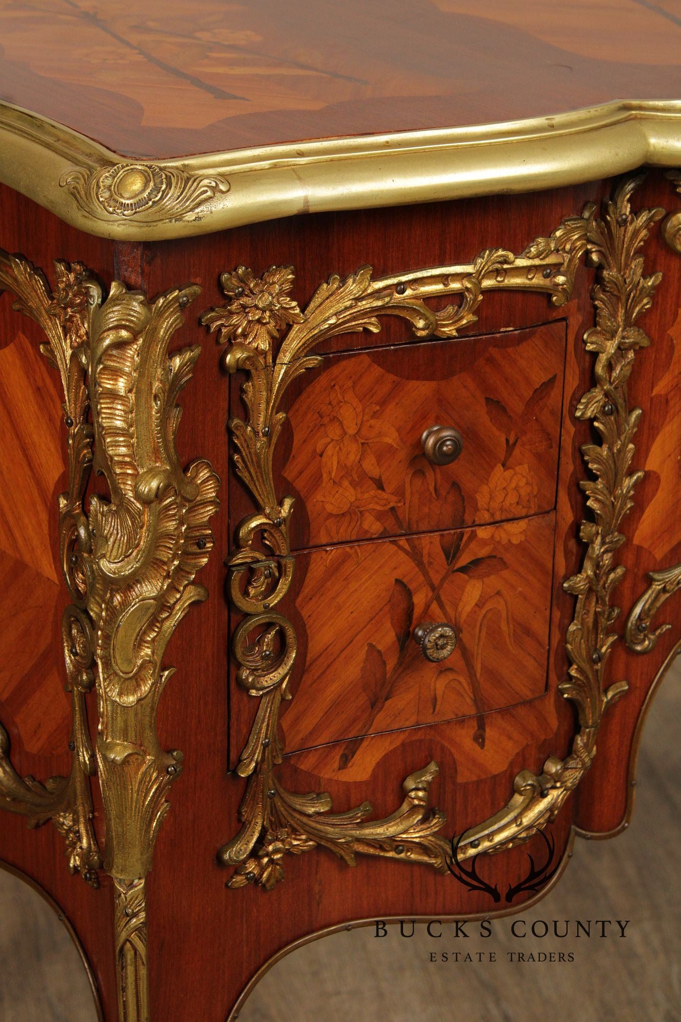 French Louis XV Style Marquetry Inlaid Bronze Mounted Knee Hole Desk