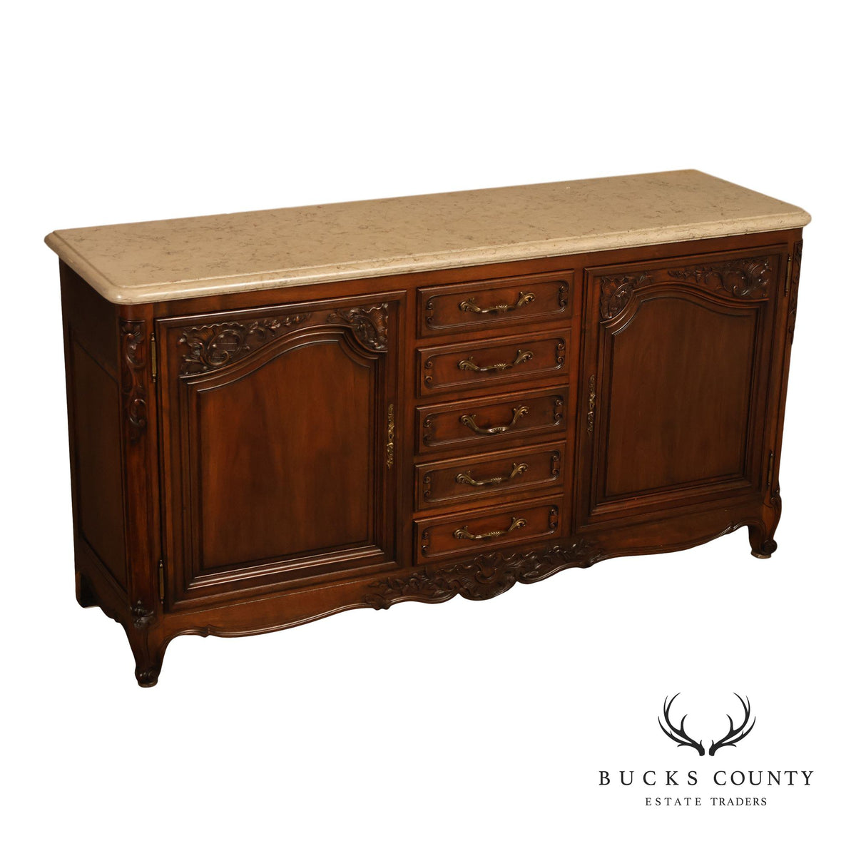French Louis XV Style Carved Walnut Marble Top Sideboard