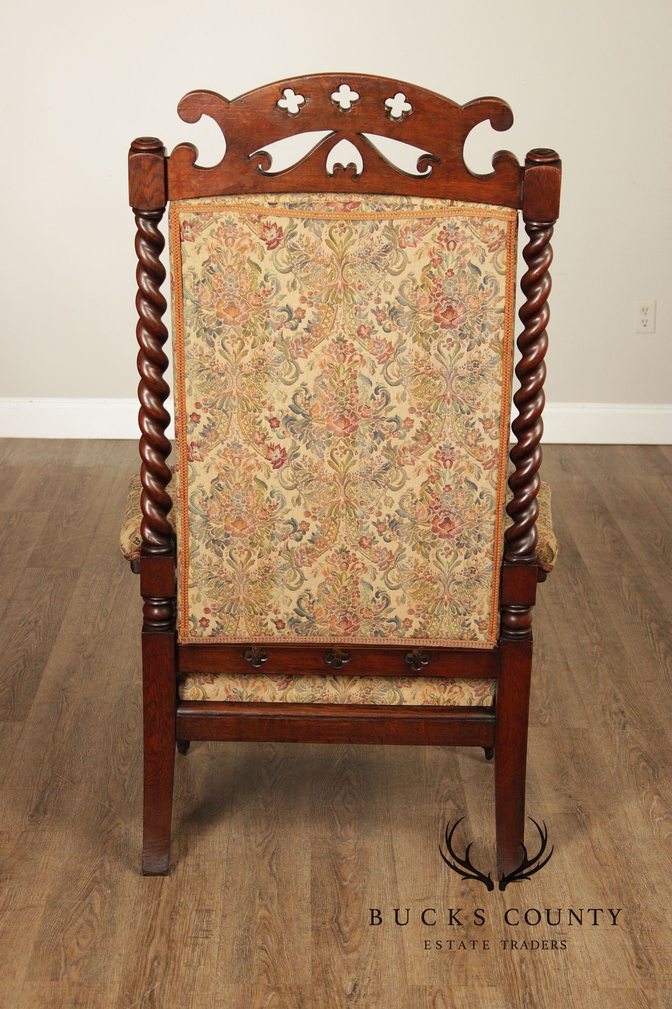 Antique Gothic Revival Barley Twist Carved Oak Throne Chair