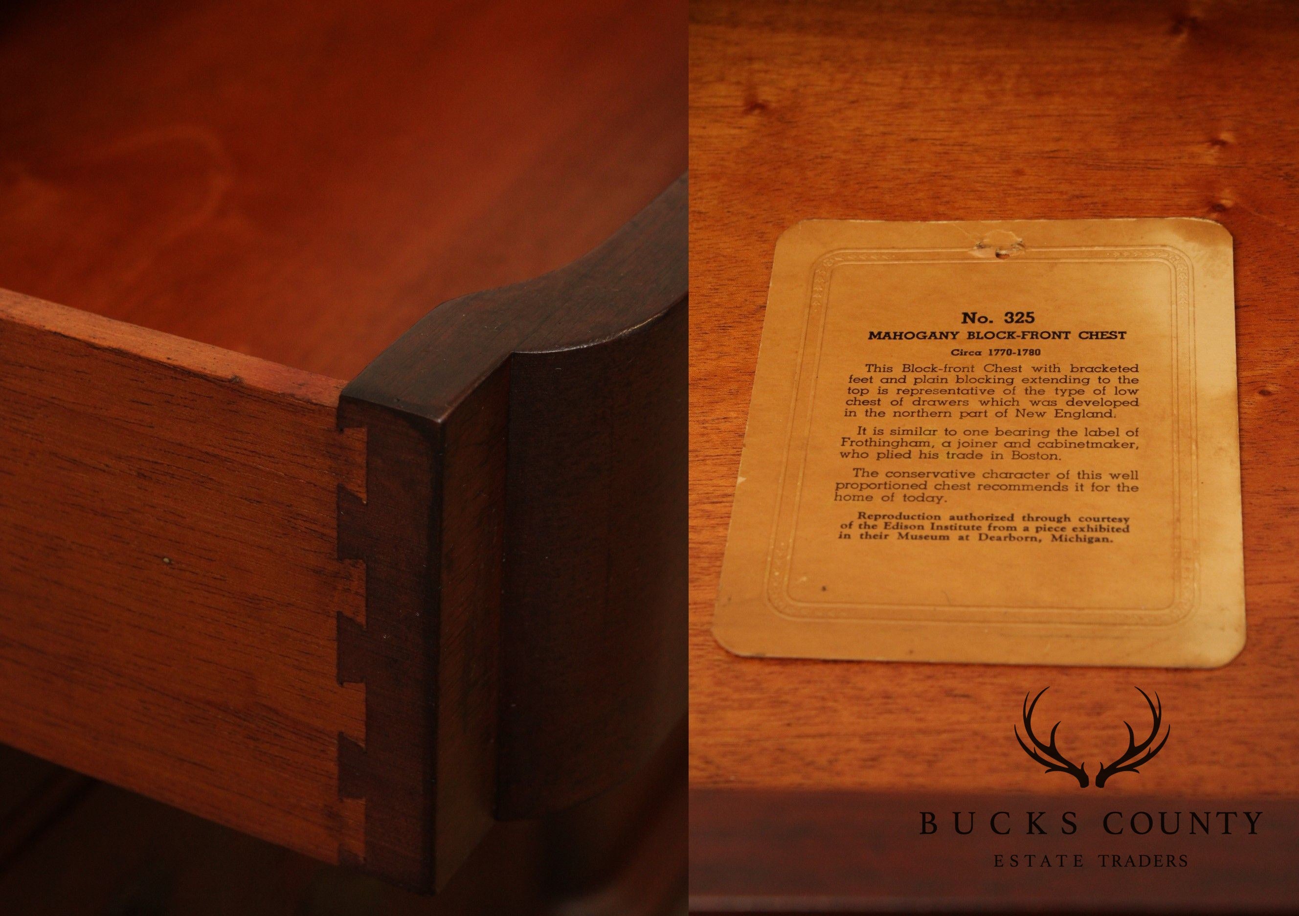 Colonial Mfg. Co. Edison Institute Museum Reproduction Chippendale Mahogany Block Front Chest