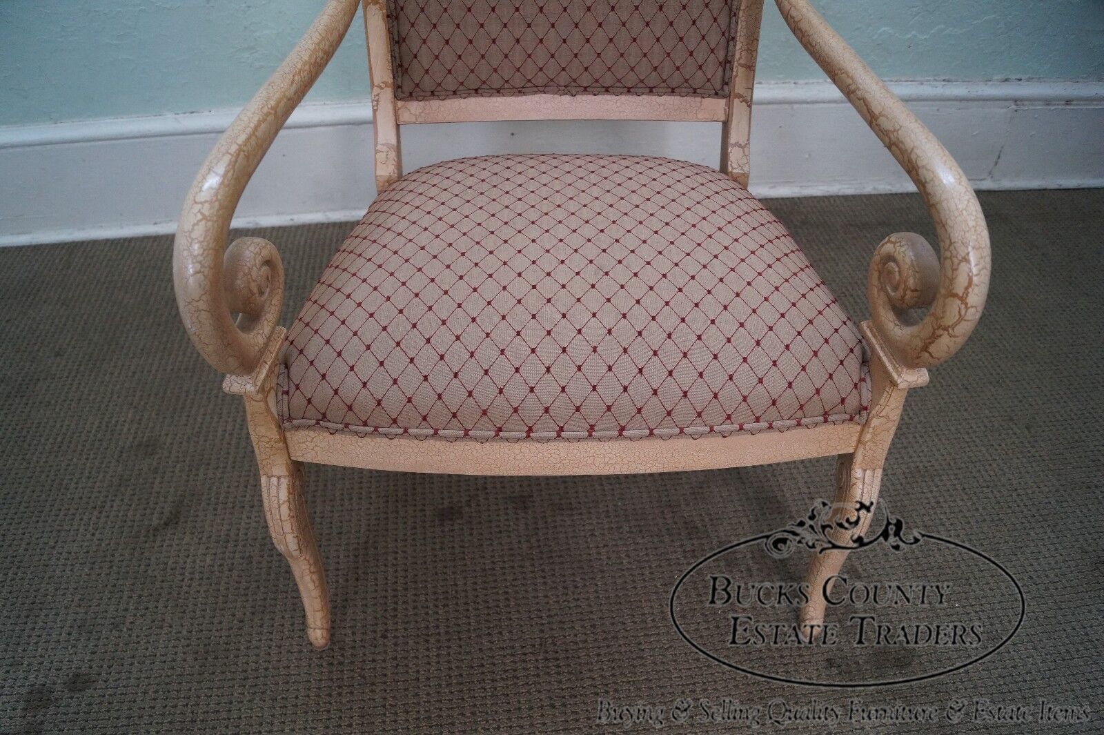 Quality Pair of Crackle Painted Finish Regency Style Arm Chairs