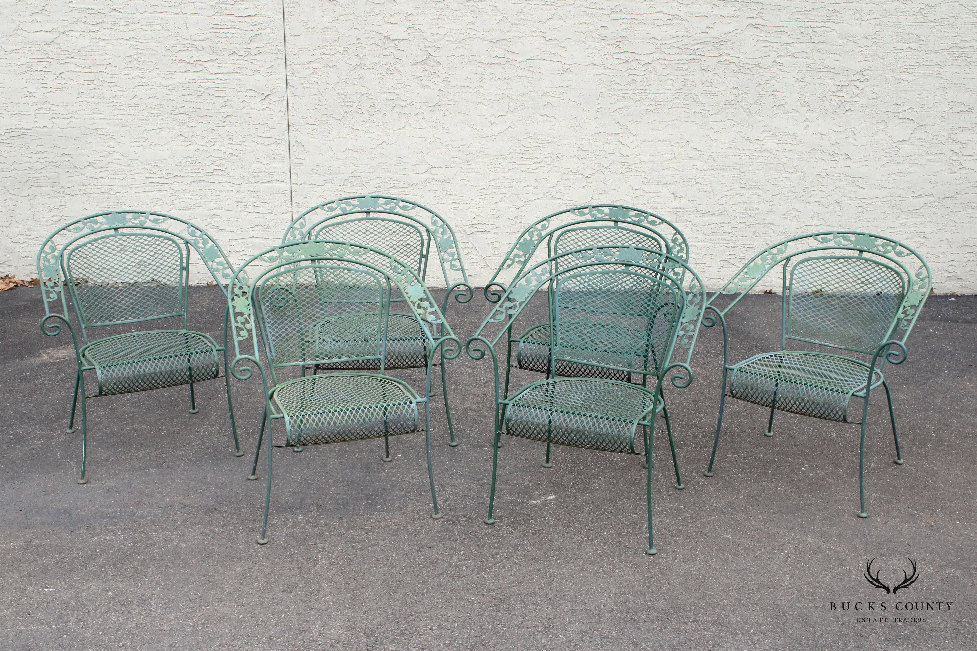 Vintage Set of Six Wrought Iron Patio Dining Armchairs