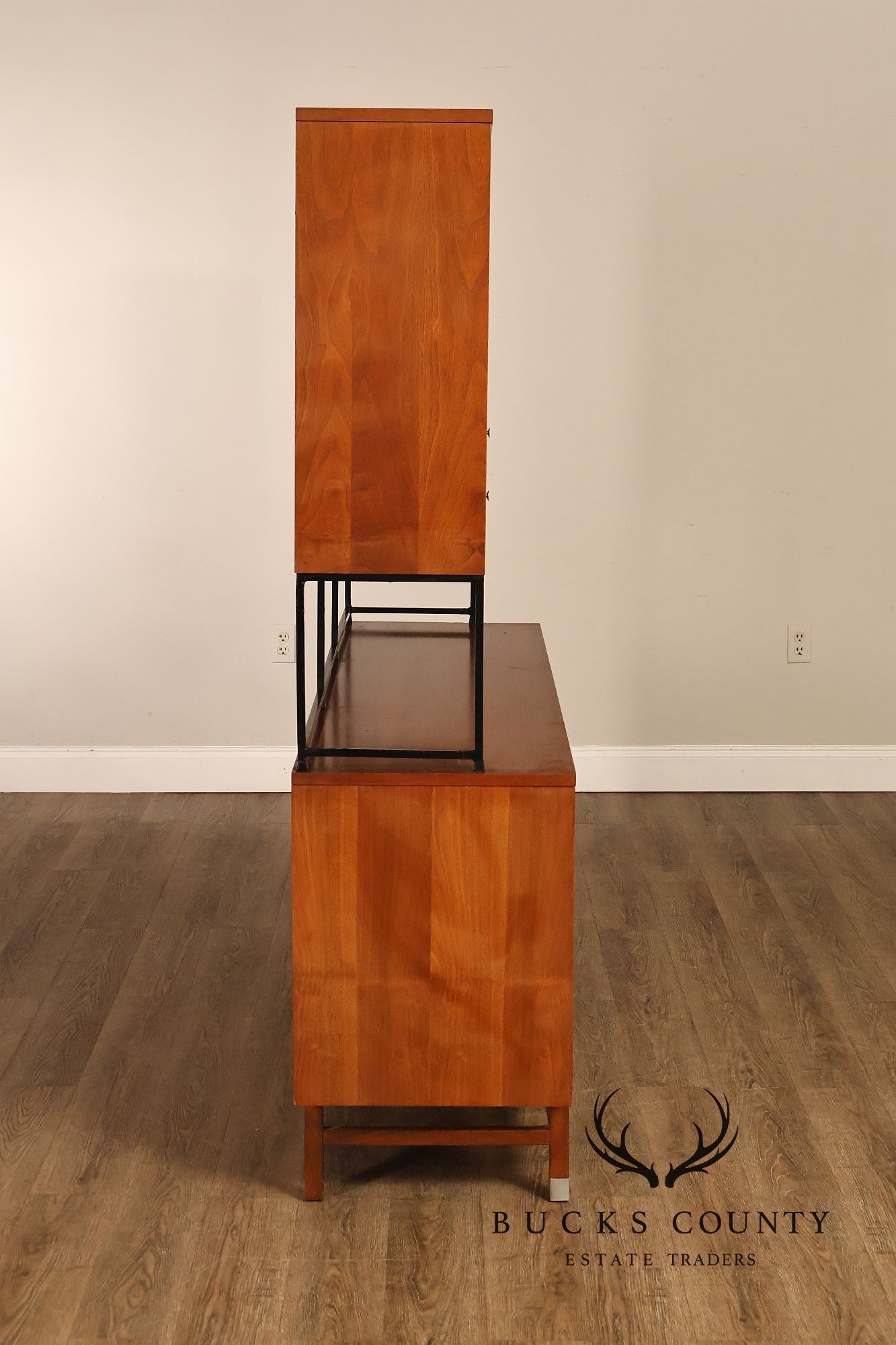 Stanley Mid Century Modern Walnut & Rosewood Inlaid Wall Unit Credenza
